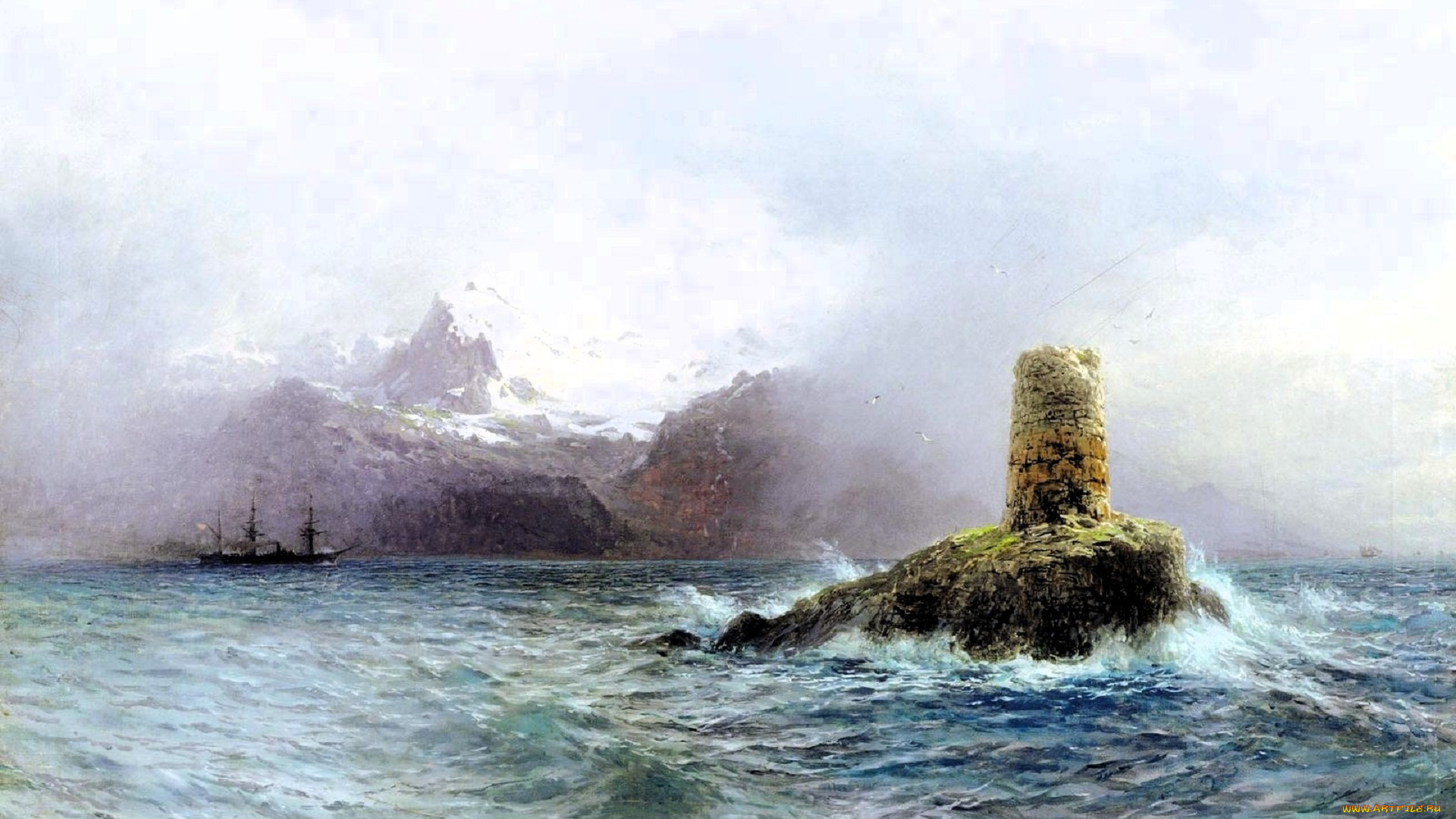 рисованное, лев, лагорио, море, скалы, корабль