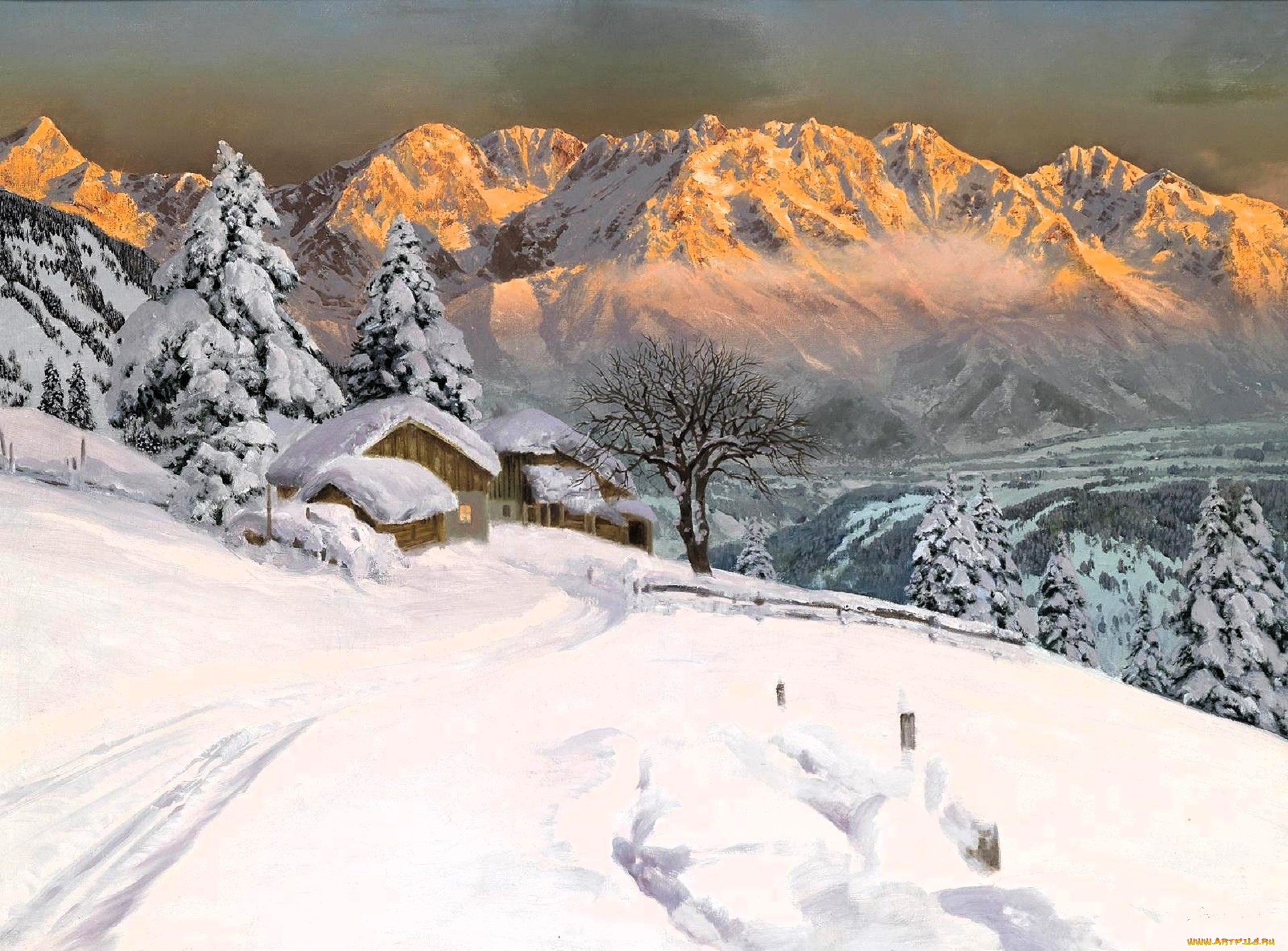 рисованное, alois, arnegger, горы, снег, зима, деревья, лес, дома, след