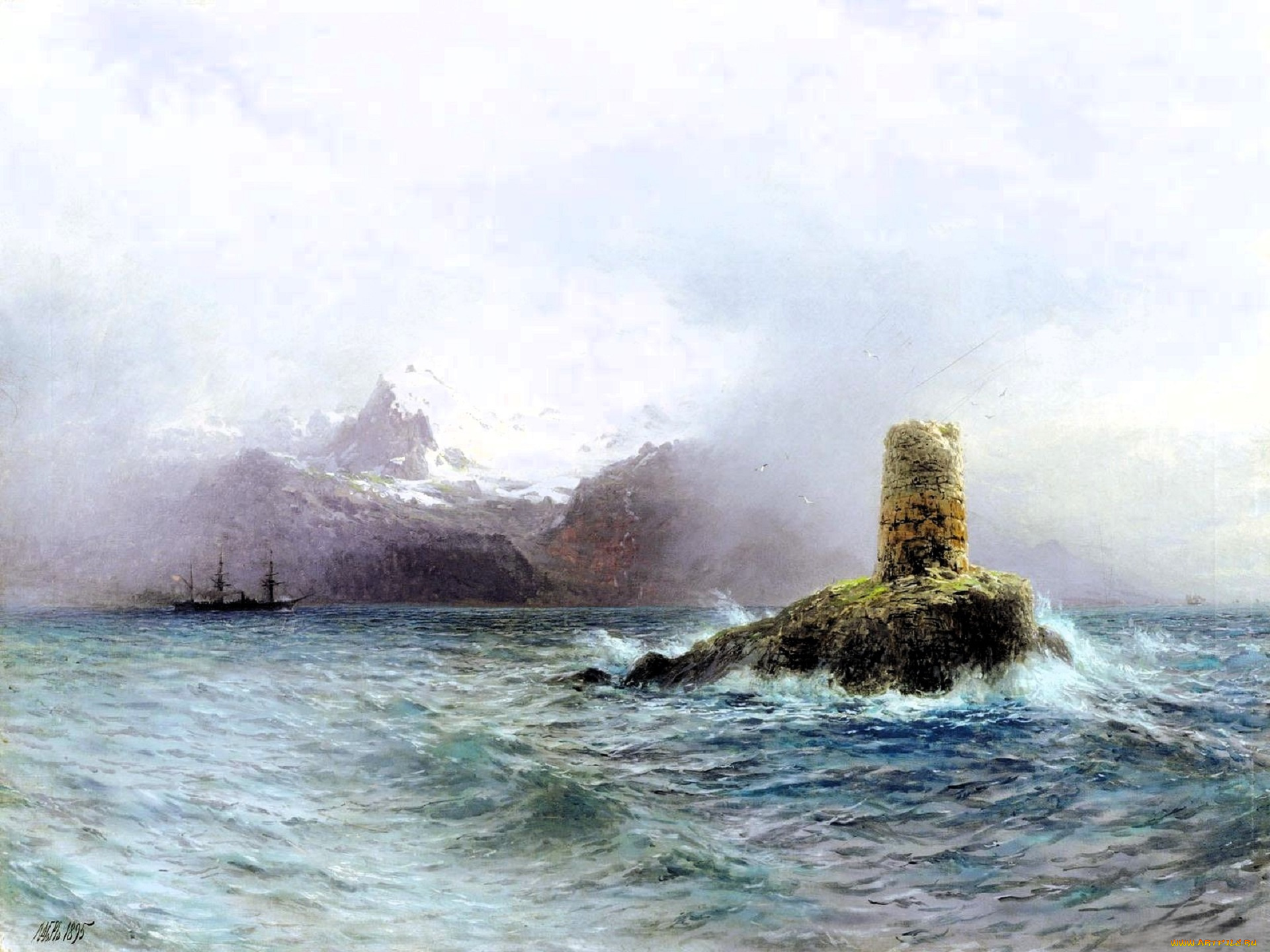 рисованное, лев, лагорио, море, скалы, корабль