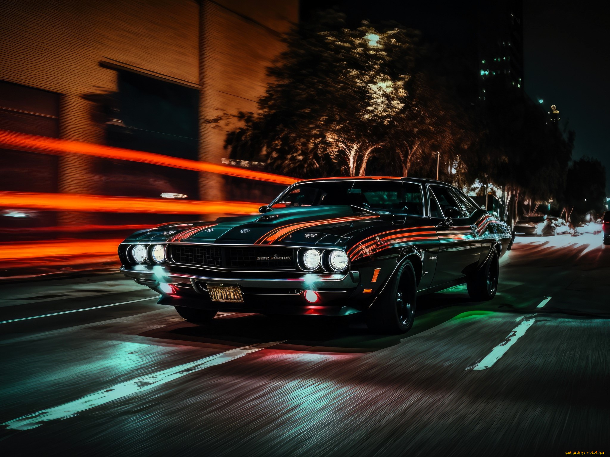 dodge, challenger, автомобили, 3д, черный, скорость, дорога, деревья, здания