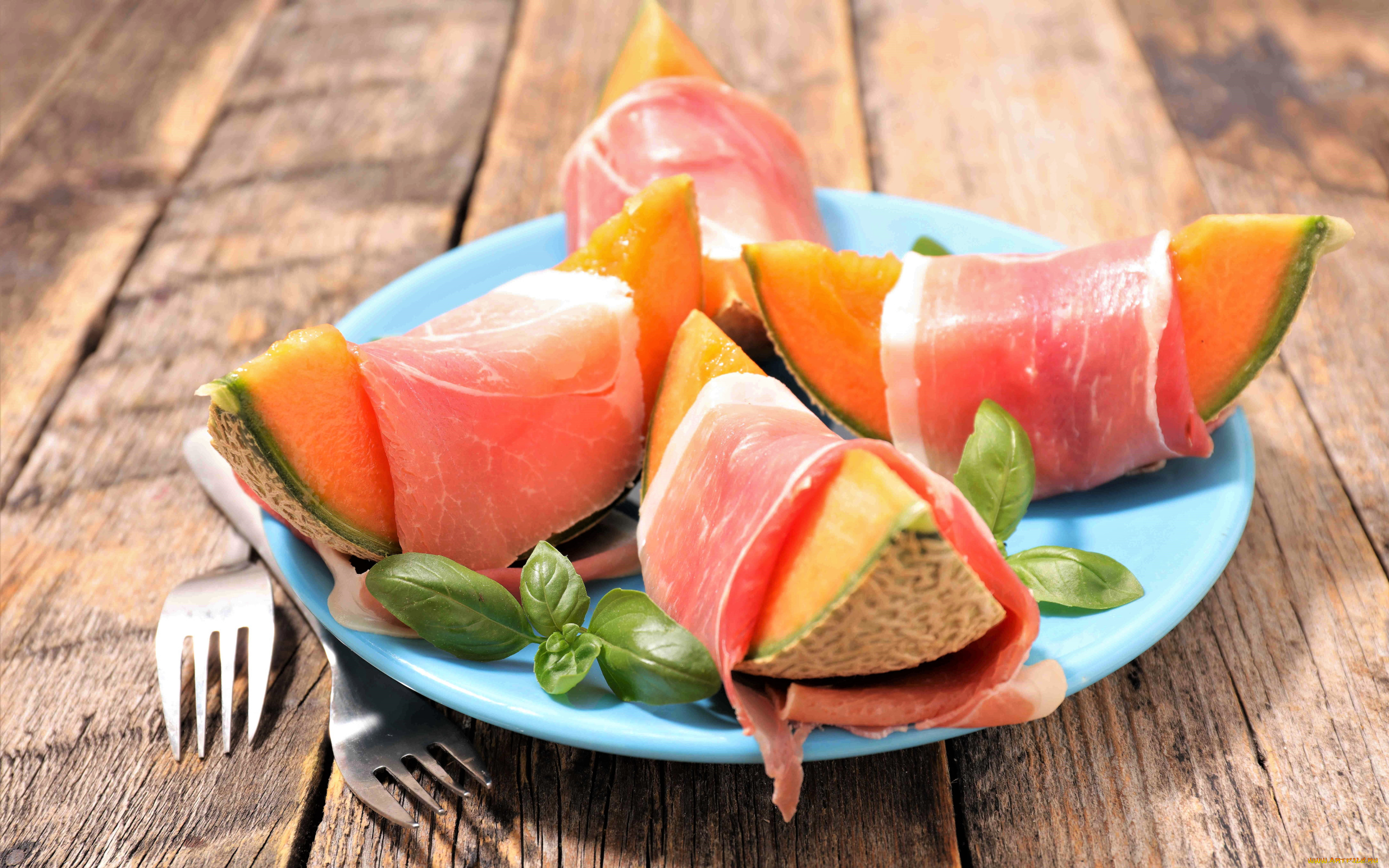 еда, дыня, базилик, ветчина