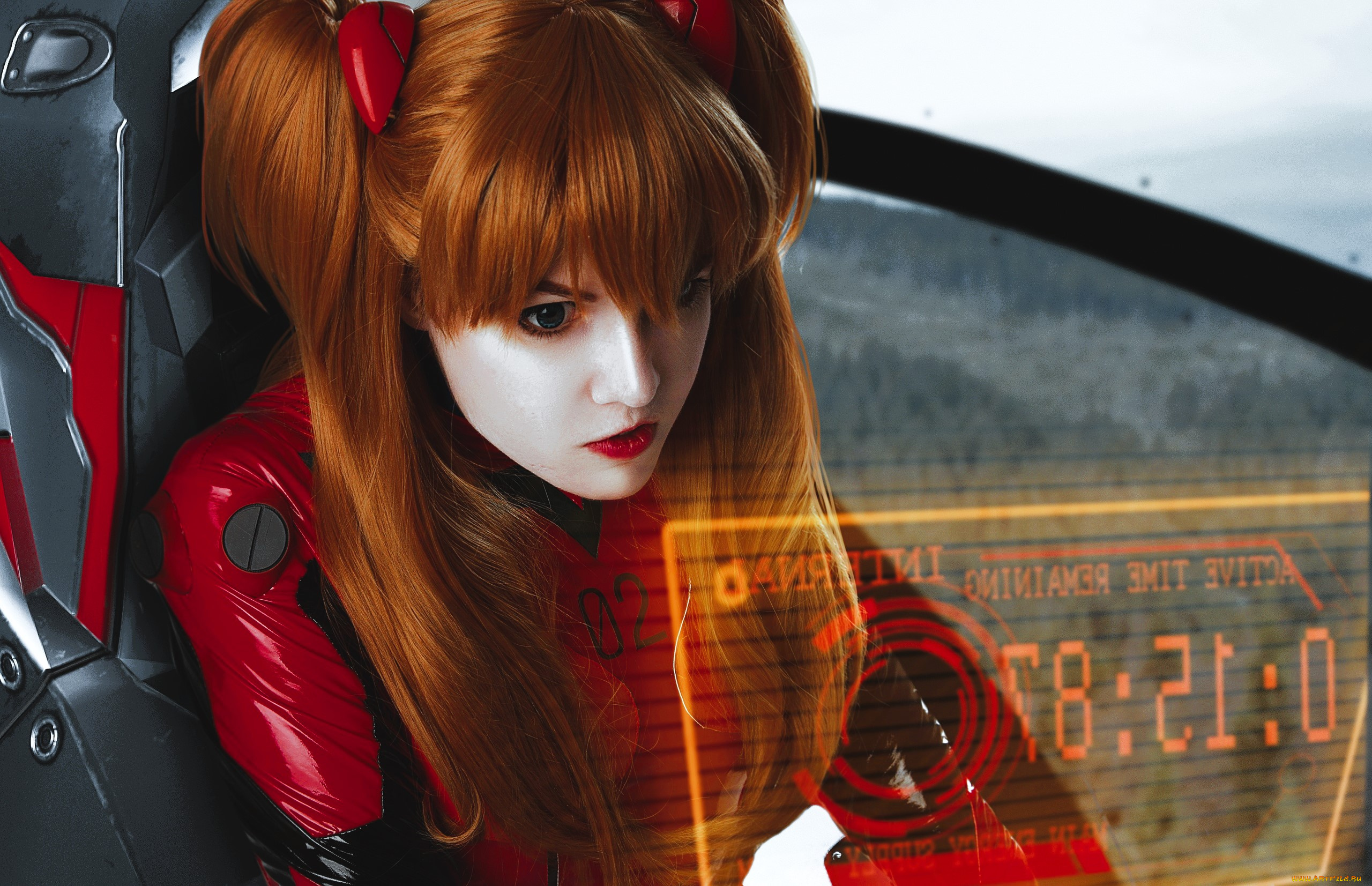 девушки, -, креатив, , косплей, образ, костюм, косплей, рыжая, кресло, табло