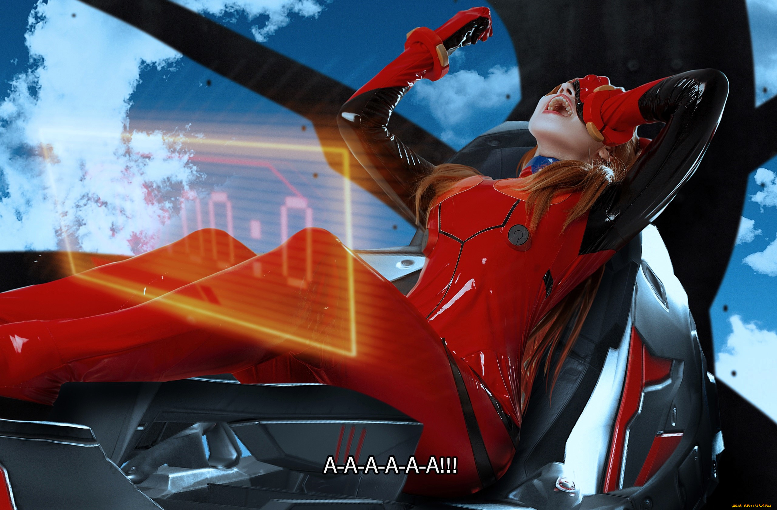 девушки, -, креатив, , косплей, образ, костюм, косплей, рыжая, кресло, табло, боль