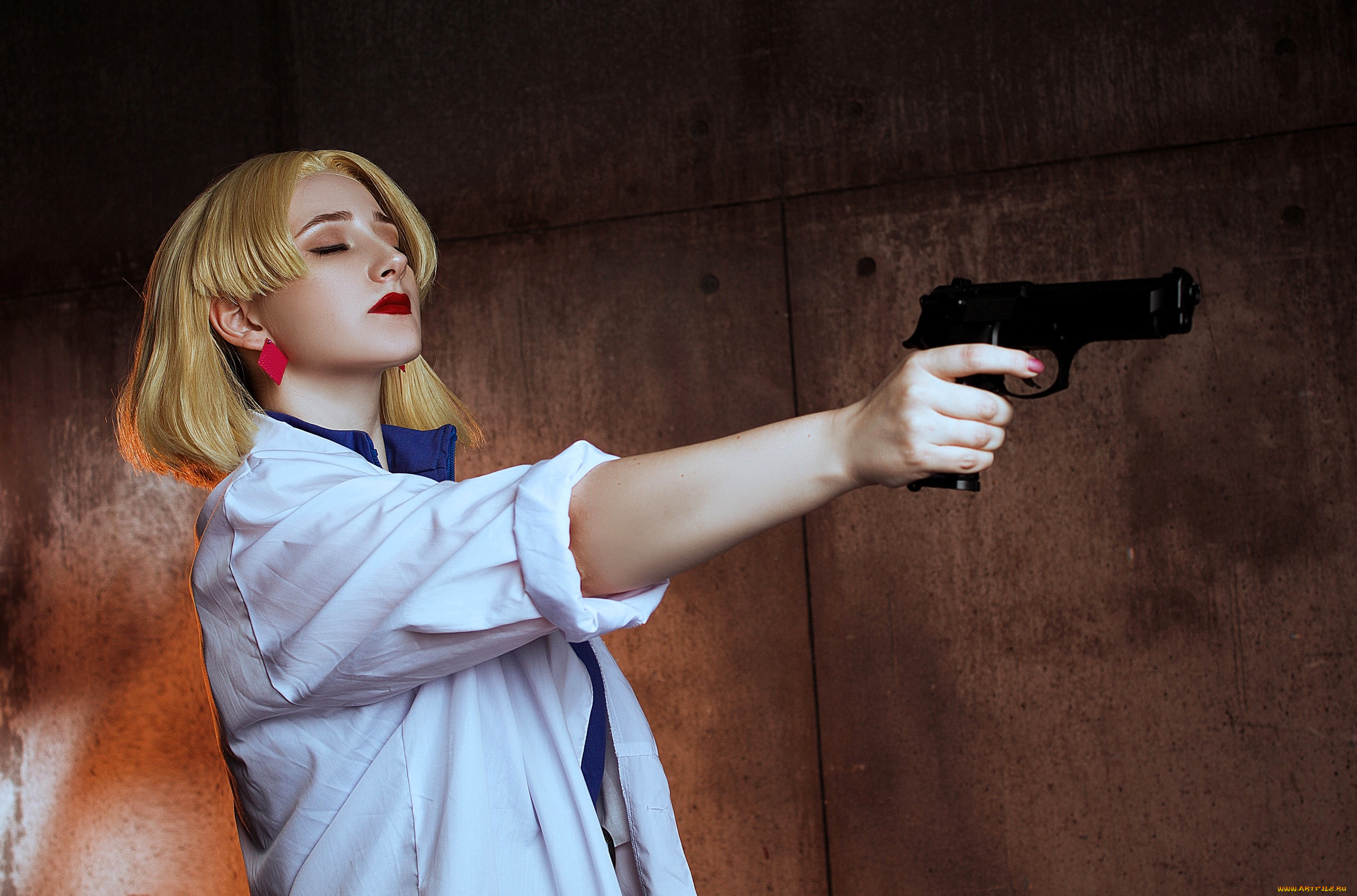 девушки, -, креатив, , косплей, образ, костюм, косплей, блондинка, халат, пистолет