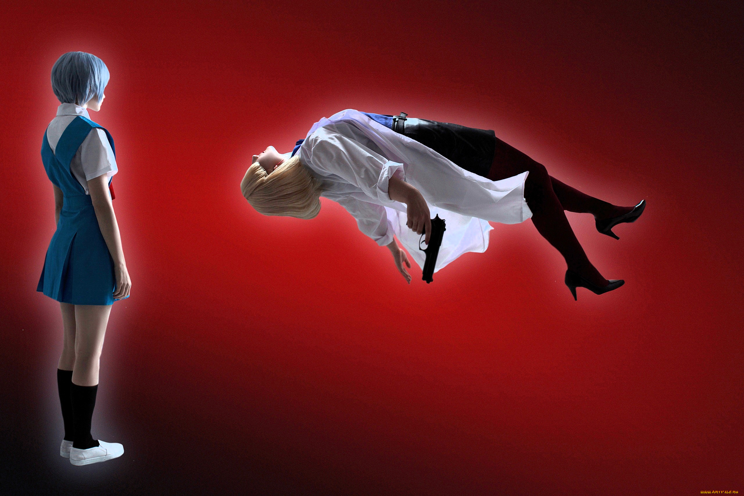 девушки, -, креатив, , косплей, образ, костюм, косплей, блондинка, халат, пистолет