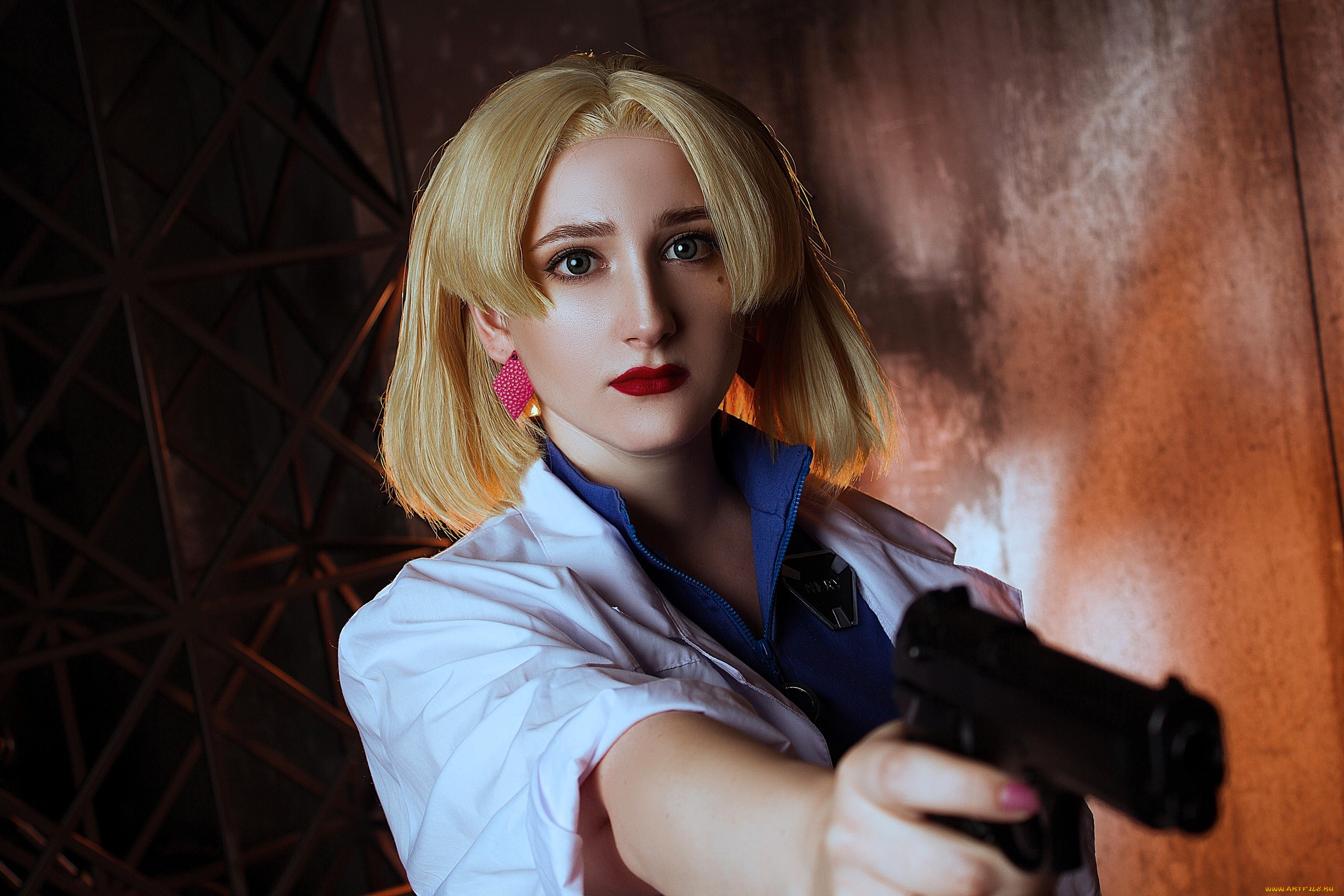 девушки, -, креатив, , косплей, образ, костюм, косплей, блондинка, халат, пистолет