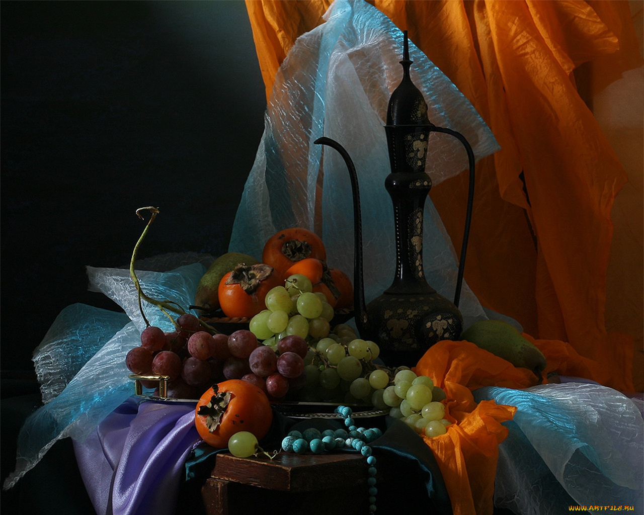 ира, быкова, натюрморт, восточным, кувшином, фруктами, еда