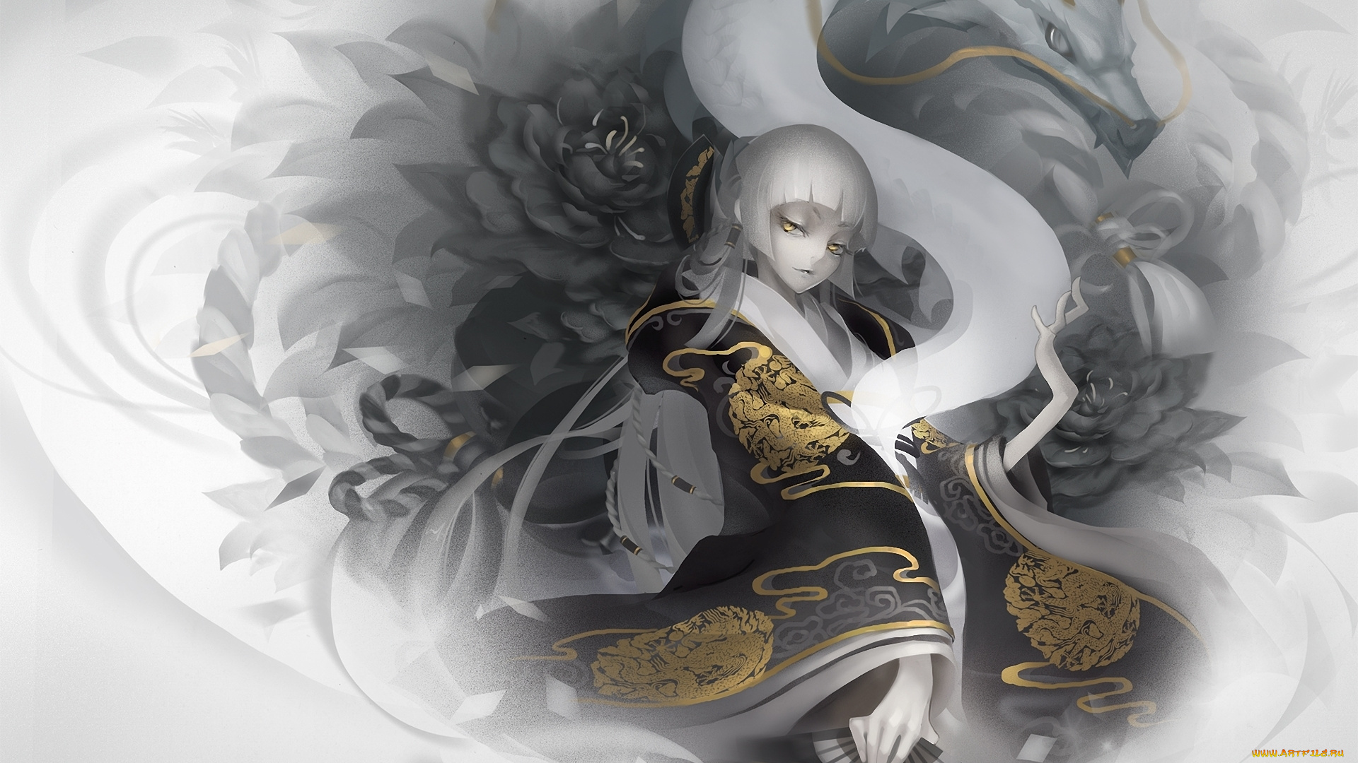 аниме, angels, demons, monono, девушка, дракон, кимоно, веер, цветы, узор