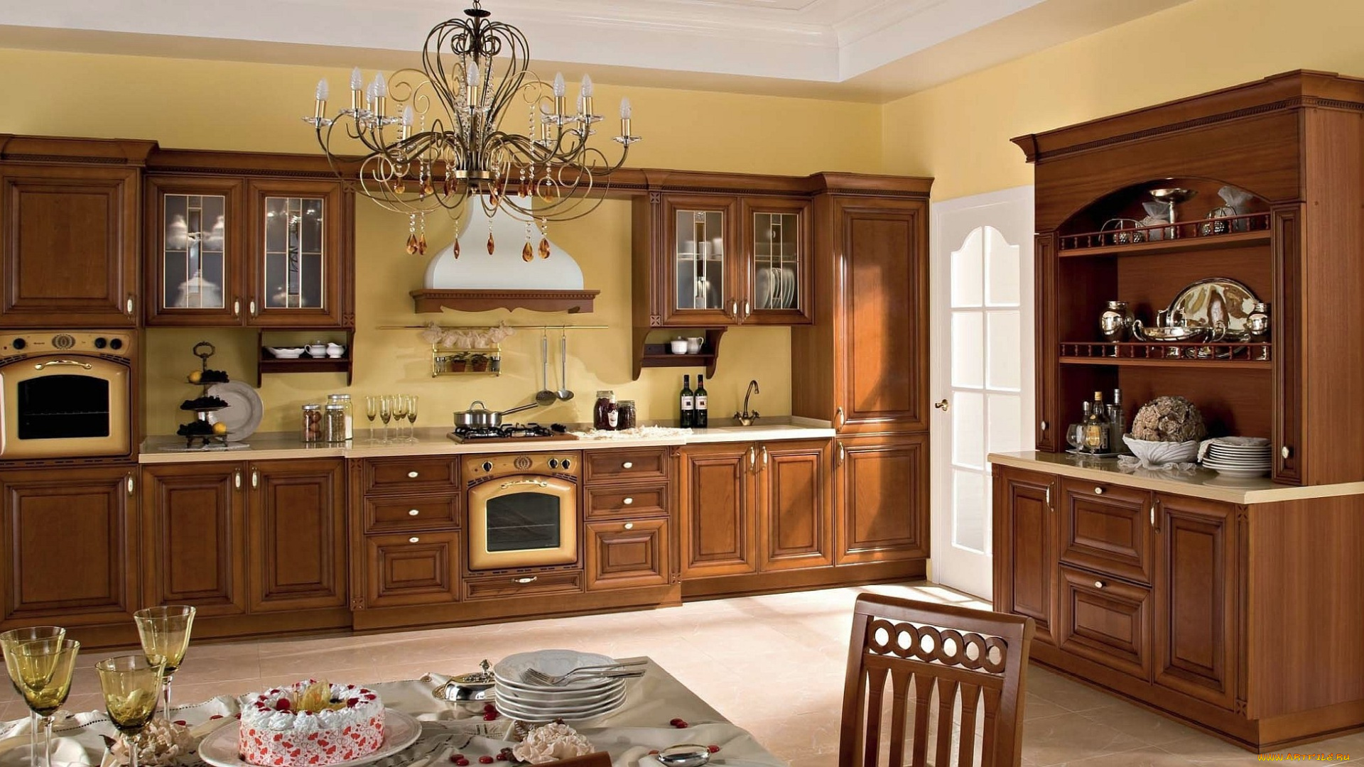интерьер, кухня, стол, люстра, посуда, буфет, мебель, плита, духовка