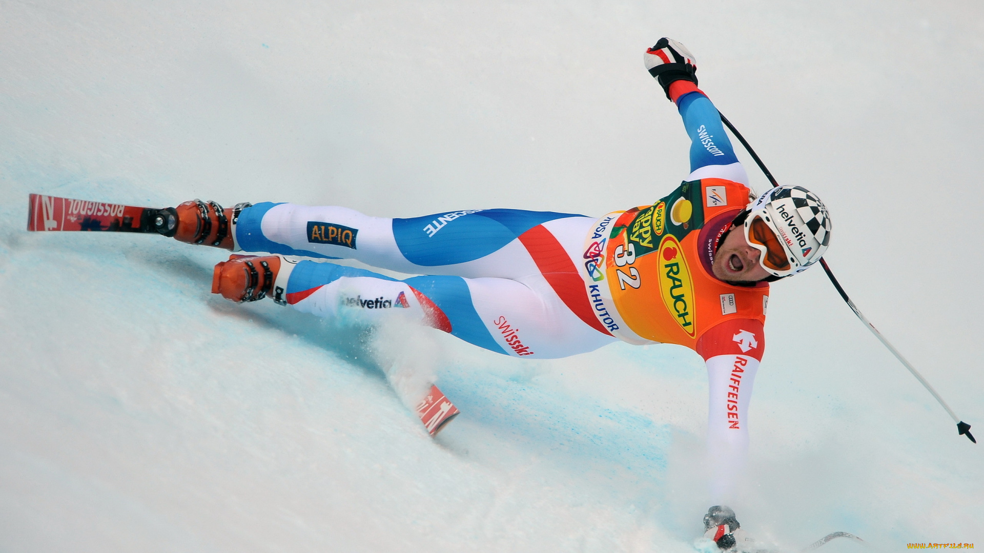 спорт, лыжный, скорость, падение, снег, горнолыжник