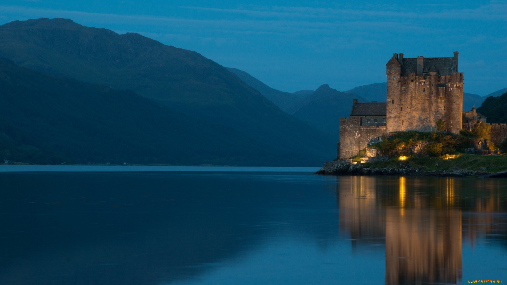 города, замок, эйлиан, донан, шотландия, река, ночь