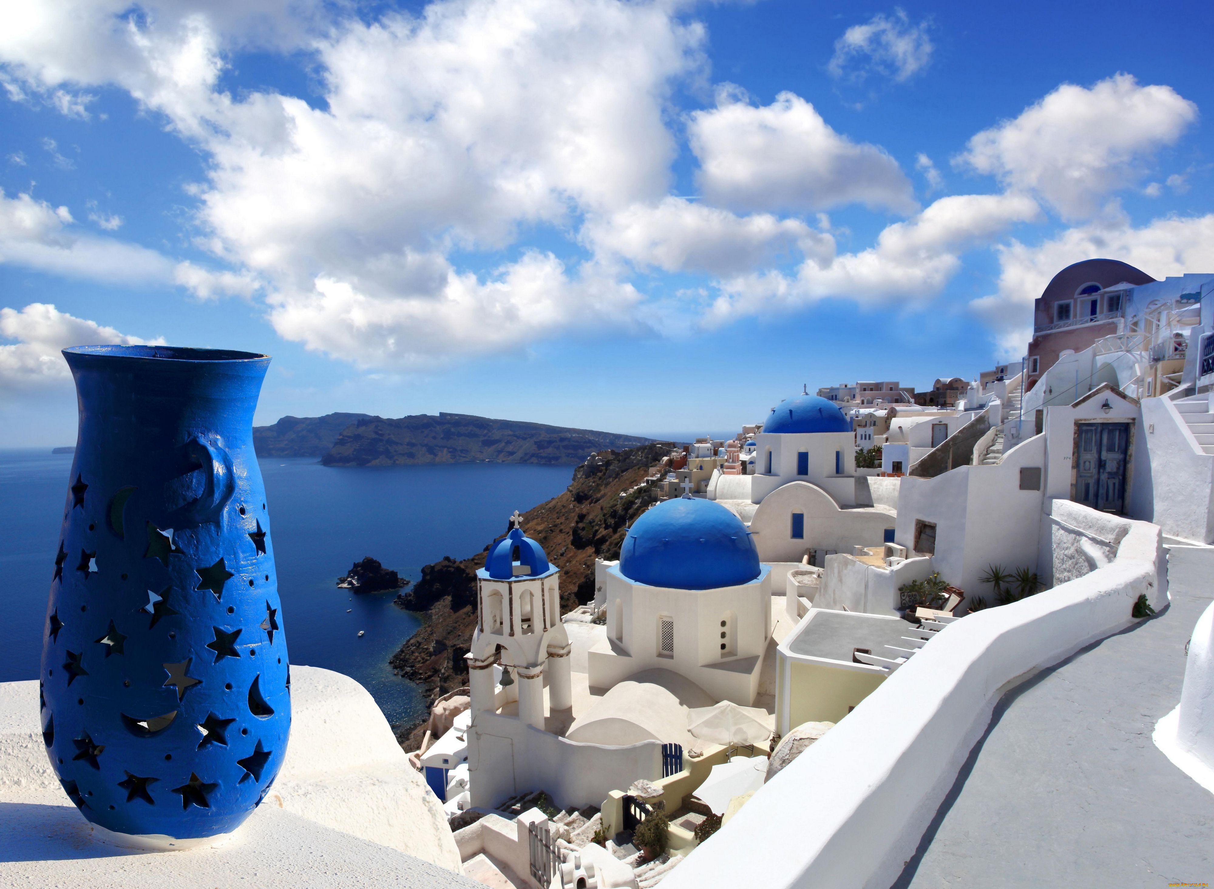 oia, santorini, greece, города, санторини, греция, церковь, ваза, побережье, море, облака