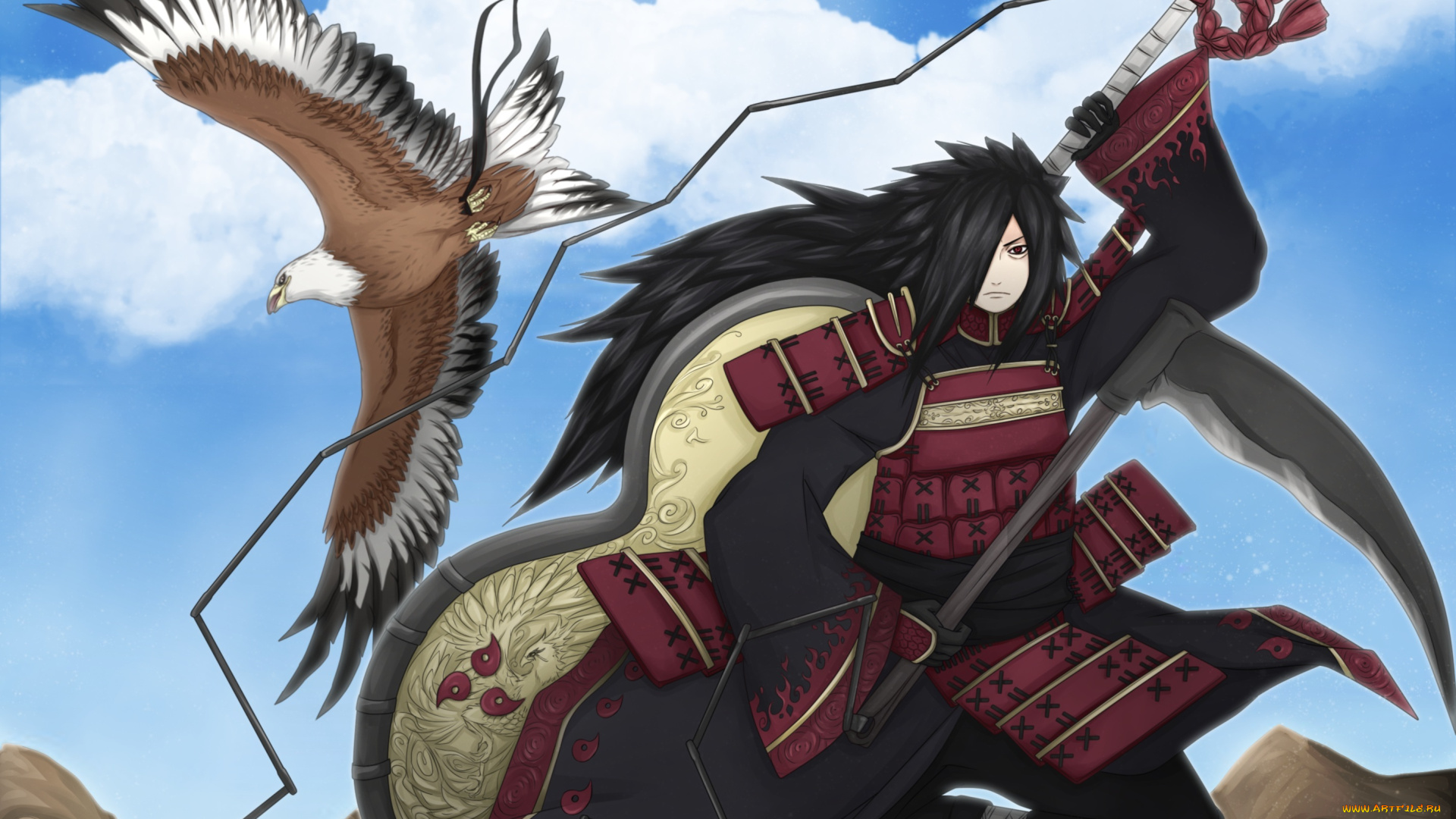 аниме, naruto, доспехи, коса, оружие, мадара, учиха, птица