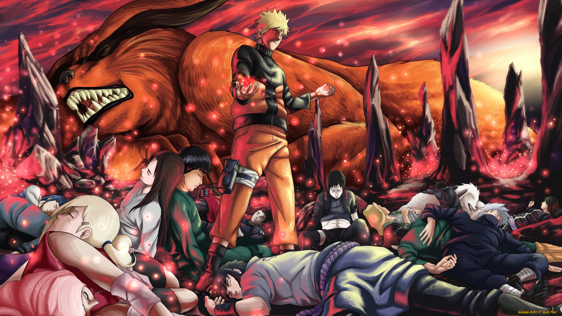 аниме, naruto, саске, наруто, курама, ино, сакура, хината, бой, неджи, кьюби