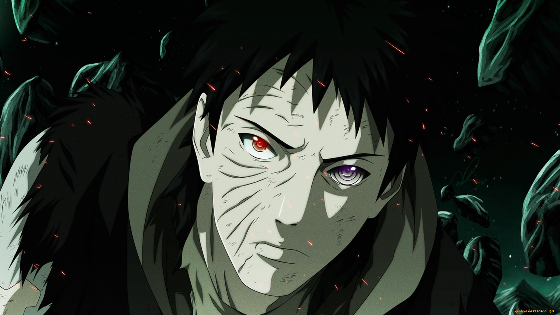 аниме, naruto, взгляд, учиха, обито, риннеган, шаринган