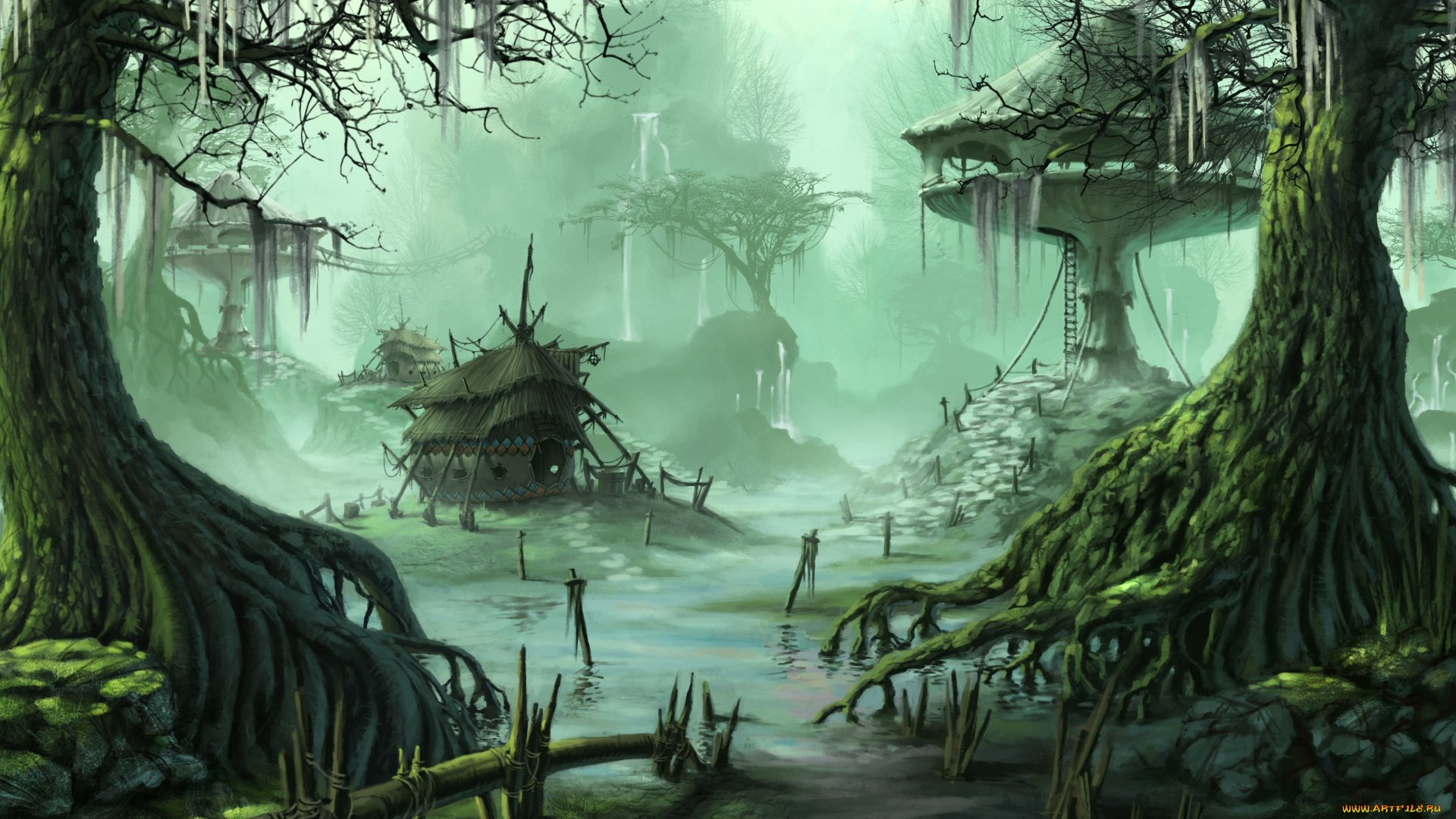 фэнтези, иные, миры, , иные, времена, домики, жилье, болото, лес, растительность, мир, иной