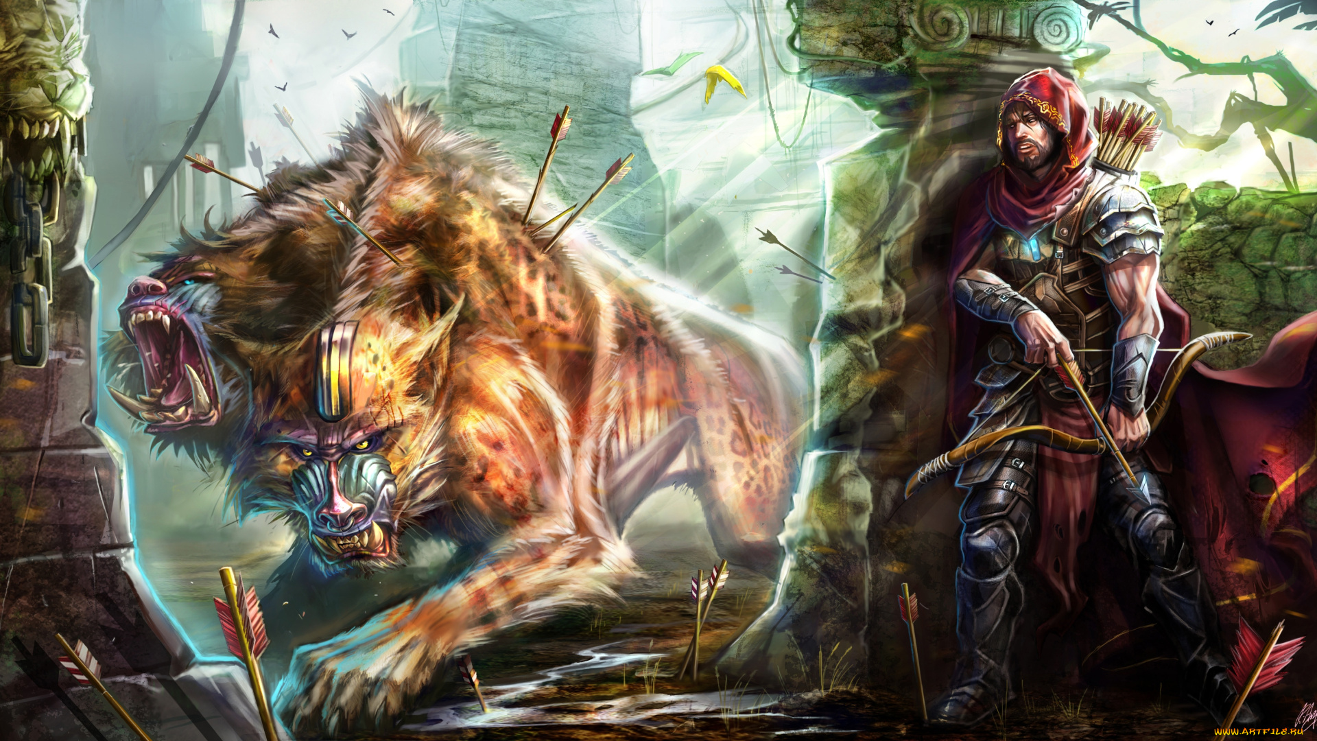 фэнтези, люди, воин, лучник, руины, монстр, чудовище, стрелы