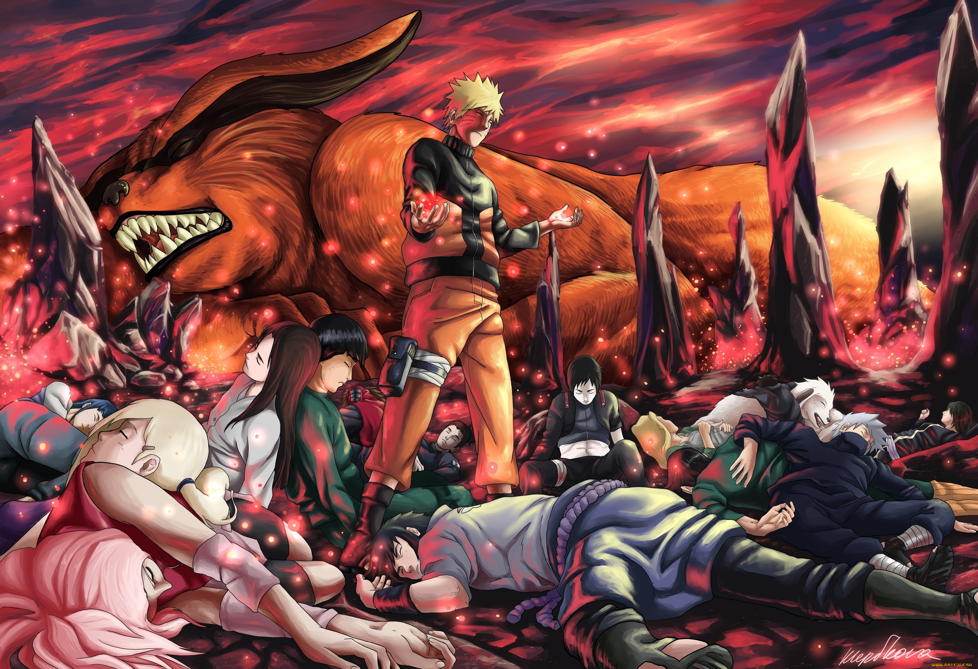 аниме, naruto, саске, наруто, курама, ино, сакура, хината, бой, неджи, кьюби