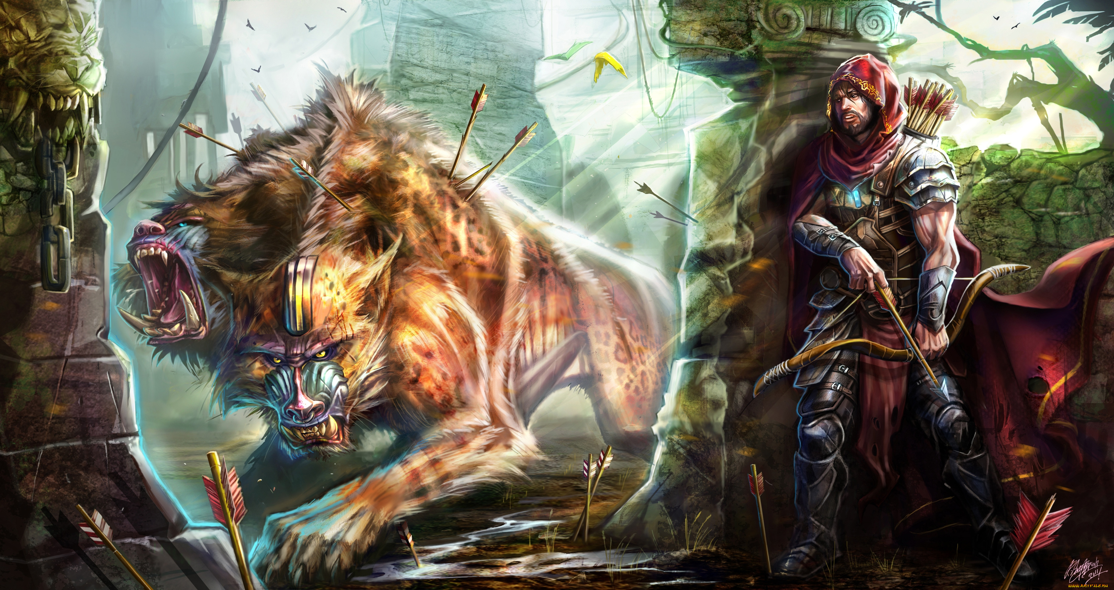 фэнтези, люди, воин, лучник, руины, монстр, чудовище, стрелы