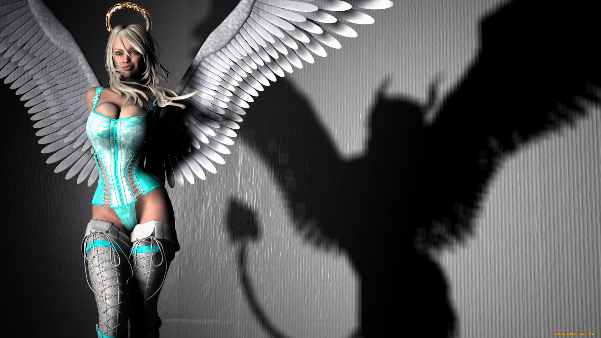 3д, графика, ангел, , angel, тень, улыбка, ангел, девушка, взгляд, фон