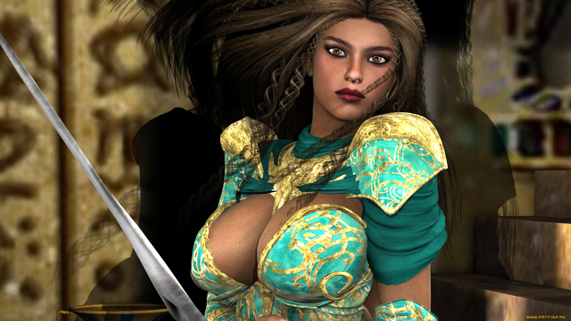 3д, графика, фантазия, , fantasy, взгляд, меч, фон, девушка