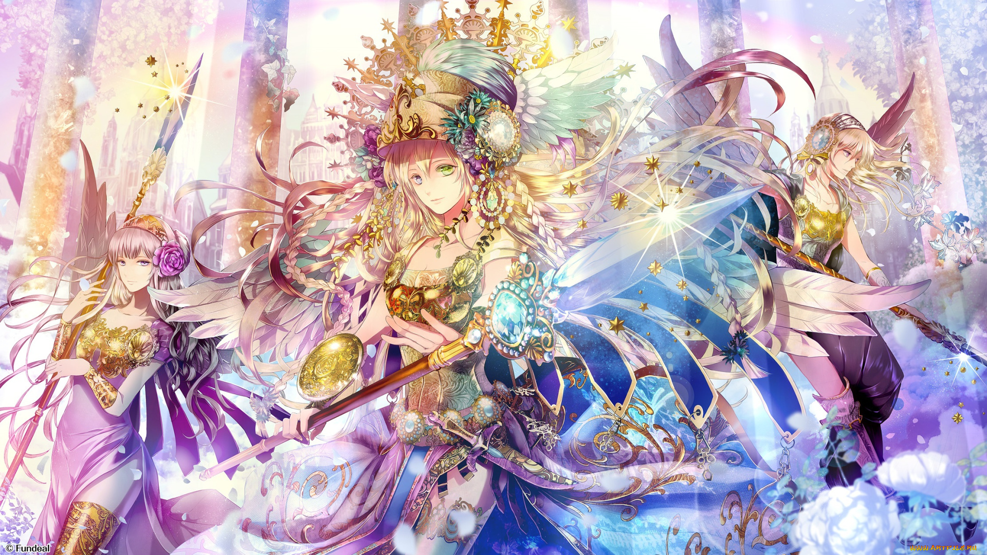 аниме, ангелы, , демоны, девушки, арт, radu, драгоценности, кристаллы, посох, украшения