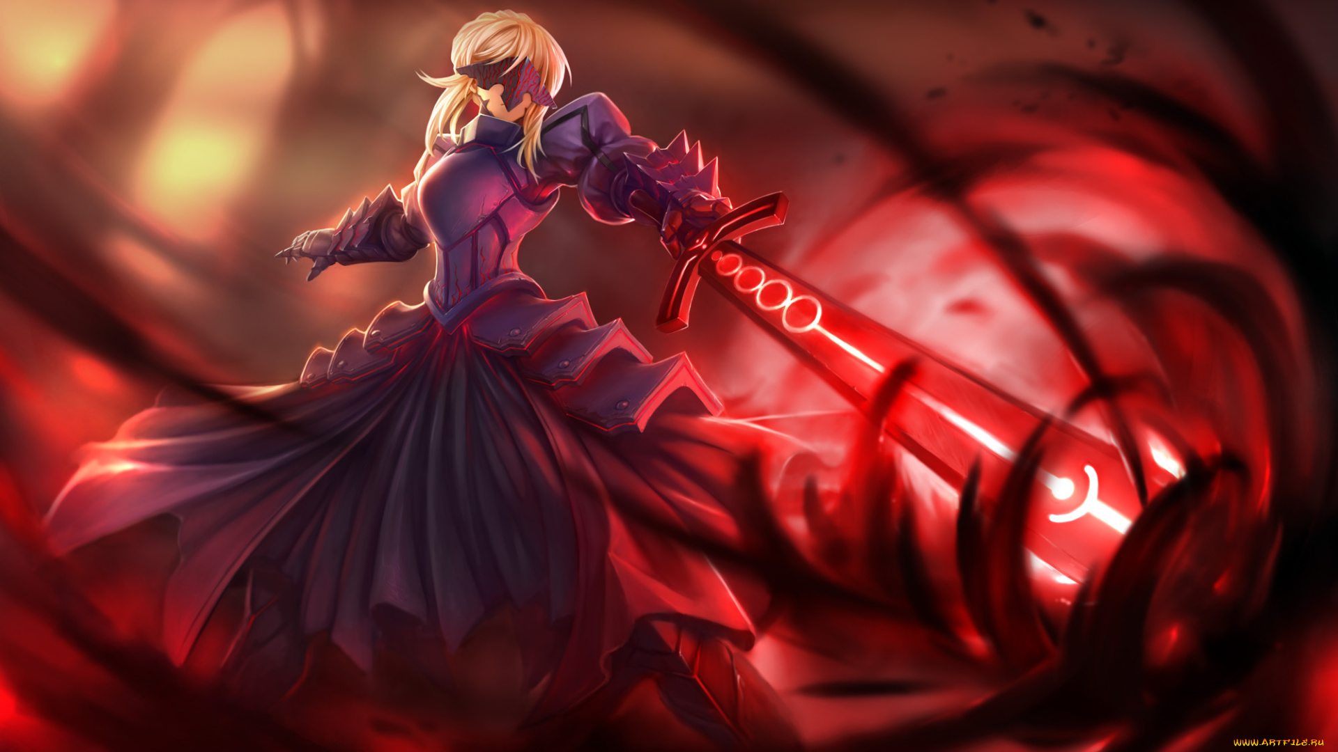 аниме, fate, stay, night, saber, dark, hanshu, девушка, воин, меч, доспехи, забрало, оружие