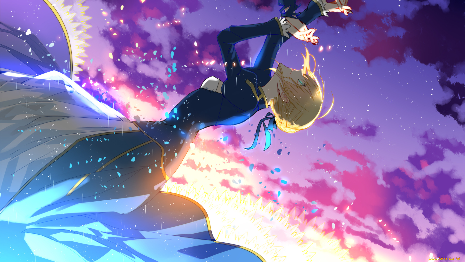аниме, fate, stay, night, saber, sennro, девушка, руки, платье, блики, рассвет, небо, облака
