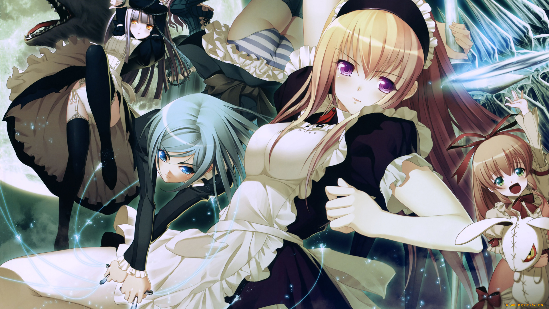 аниме, gekkou, no, carnevale, anna, cornalina, lunaria, perla, oosaki, shinya, девушки, ночь, горничная, луна, оружие, волк, крылья, игрушка, заяц, веер, крест, клинок