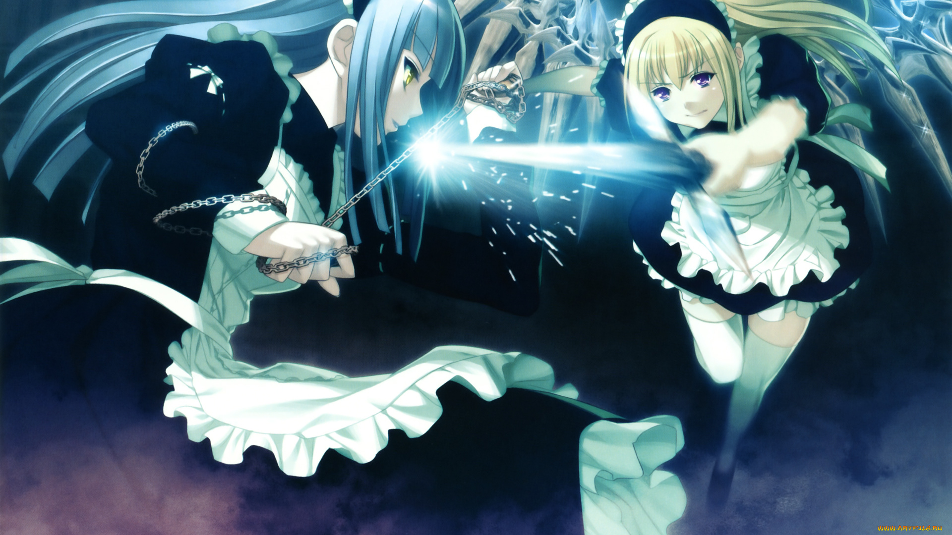 аниме, gekkou, no, carnevale, anna, perla, oosaki, shinya, девушка, горничная, крылья, оужие, сражение, цепь, клинок