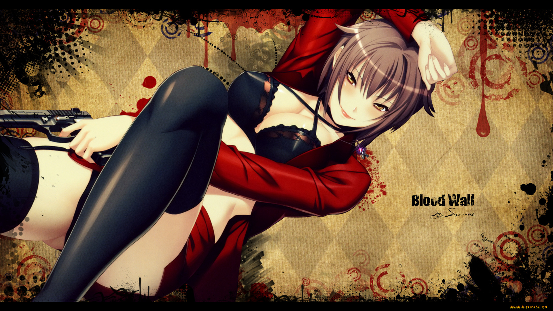 аниме, gekkou, no, carnevale, rebecca, девушка, оружие, пистолет, чулки, нижнее, белье