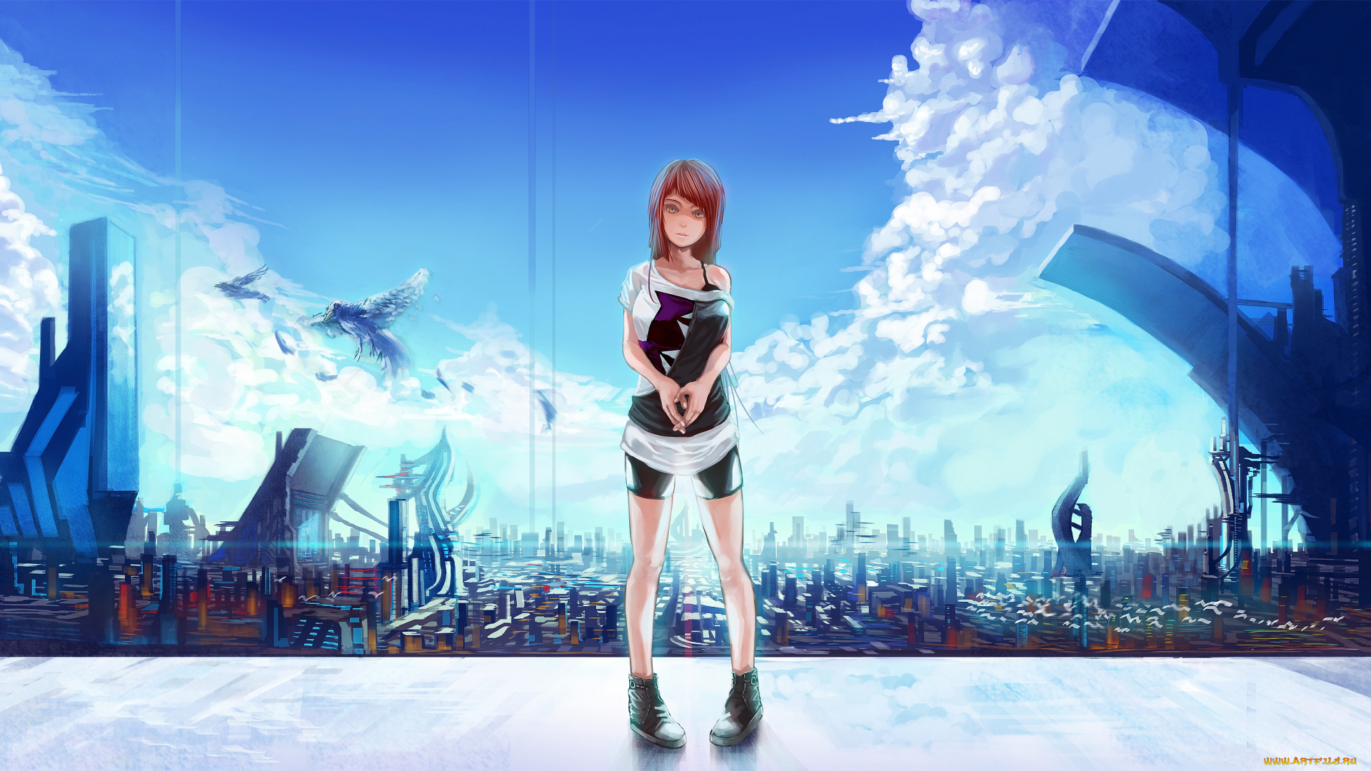аниме, город, , улицы, , здания, девушка, небо, облака, sheng, арт, птицы