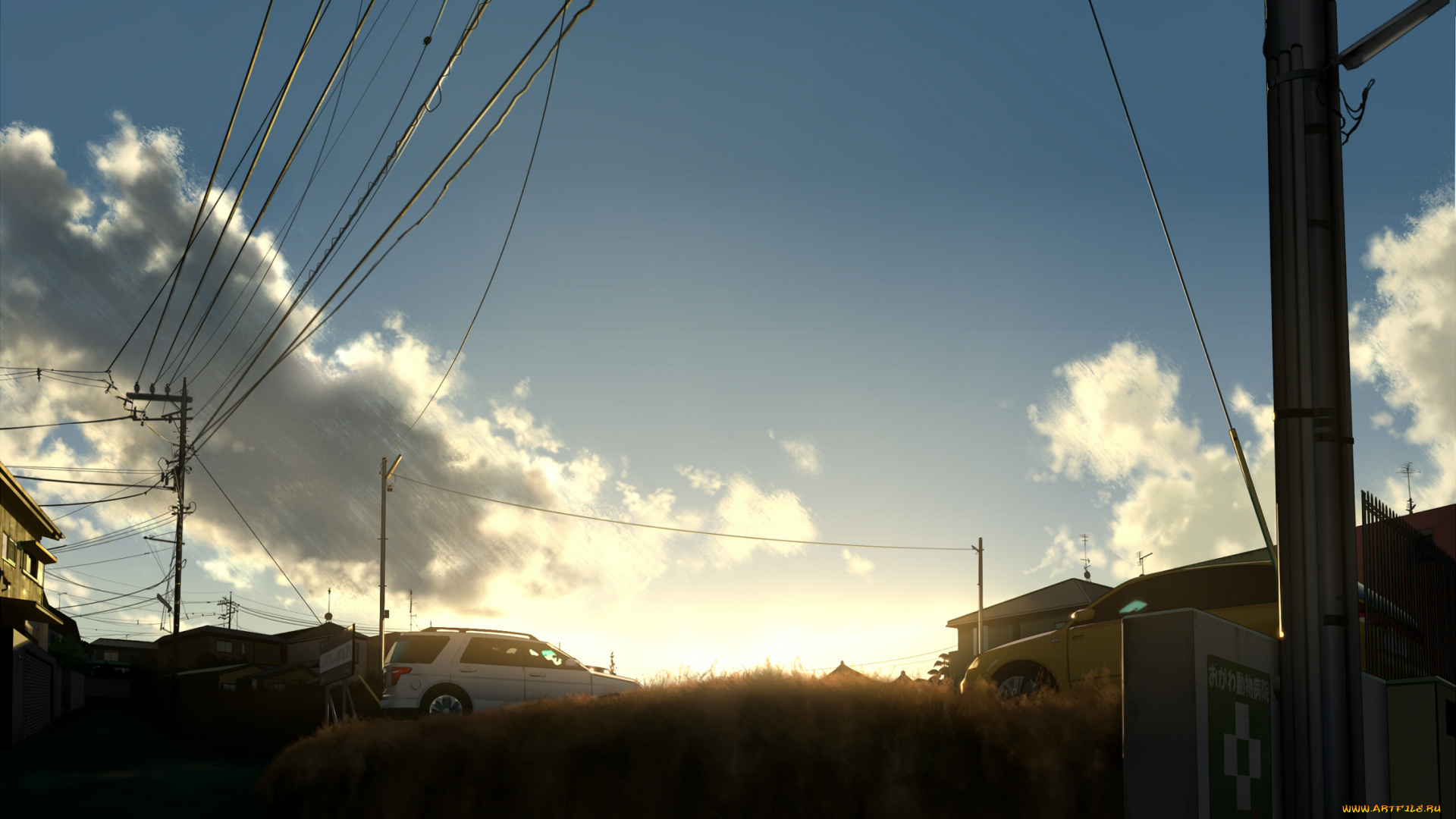 аниме, город, , улицы, , здания, дома, mogumo, машины, рассвет, небо, солнце, облака, техника, провода