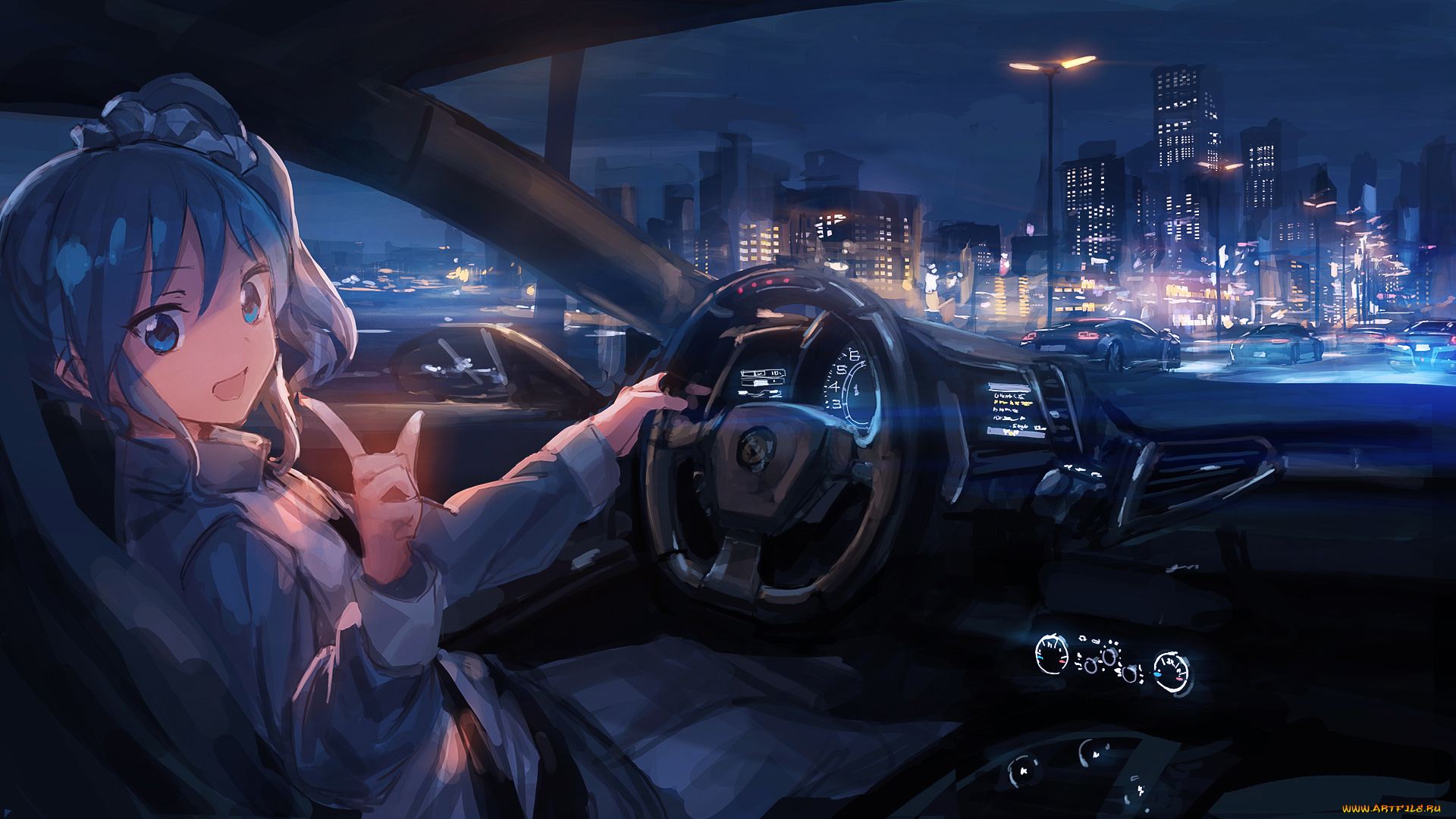 аниме, город, , улицы, , здания, руль, машина, девушка, lm7, свет, kiriya, aoi, aikatsu, фонарь, огни, трасса, ночь, приборная, панель, техника