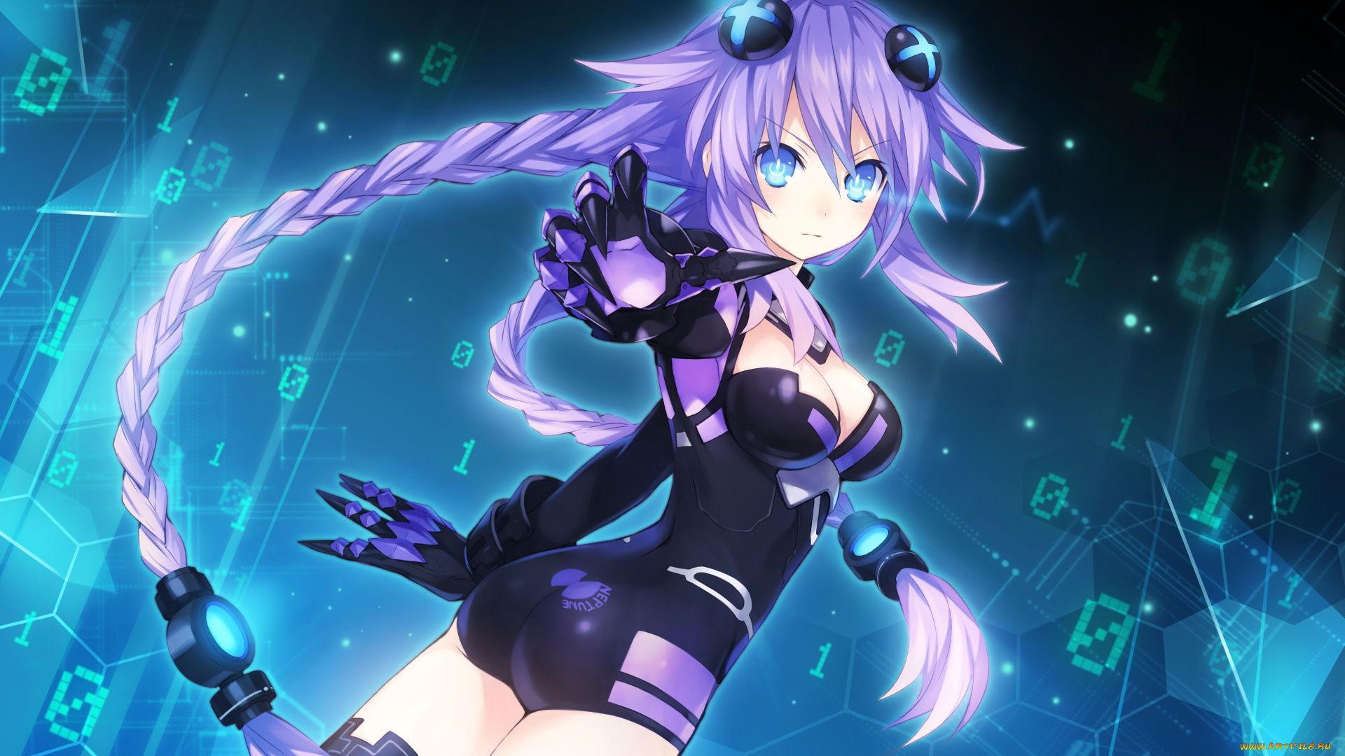 аниме, hyperdimension, neptunia, девушка, арт, когти, взгляд, tsunako, purple, heart, hyperdimension, neptunia