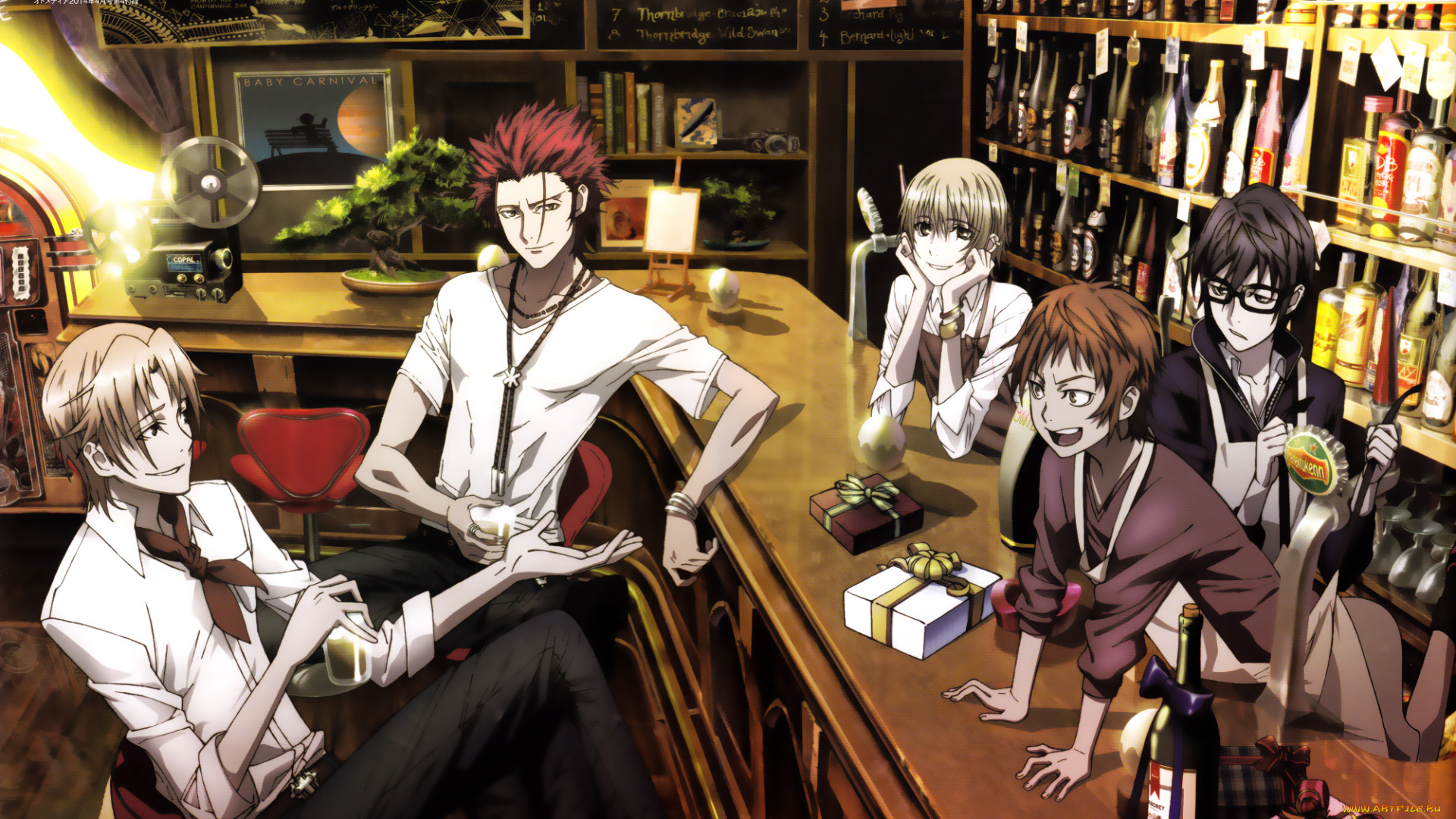 аниме, k, project, mikoto, suoh, saruhiko, fushimi, misaki, yata, kusanagi, izumo, totsuka, tatara, мужчина, бар, полки, алкоголь, бутылки, подарки, стойка, стакан, бармен