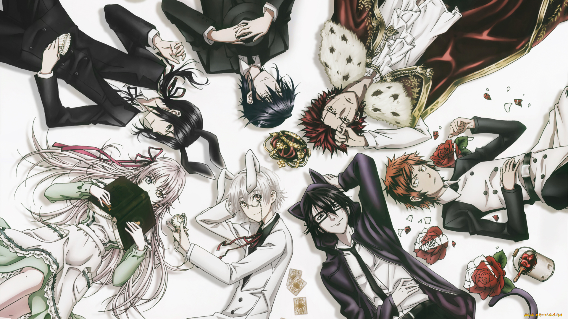 аниме, k, project, mikoto, suoh, saruhiko, fushimi, misaki, yata, munakata, reisi, neko, yatogami, kuroh, yashiro, isana, девушка, мужчина, хвост, ушки, книга, корона, чайник, карты, краска, розы, цветы, плащ, страна, чудес, wonderland