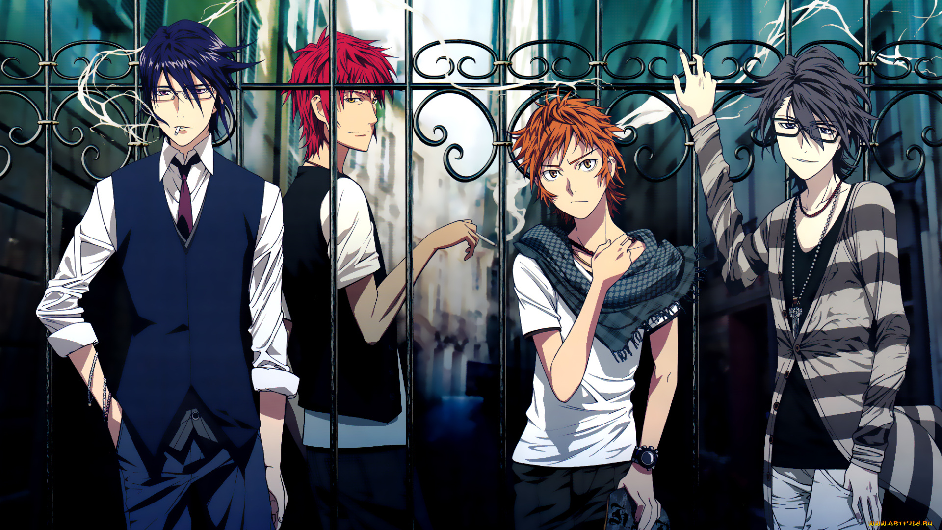 аниме, k, project, mikoto, suoh, saruhiko, fushimi, misaki, yata, munakata, reisi, мужчина, ограда, город, улица, дома, здания, сигарета, дым, очки, платок, скейт