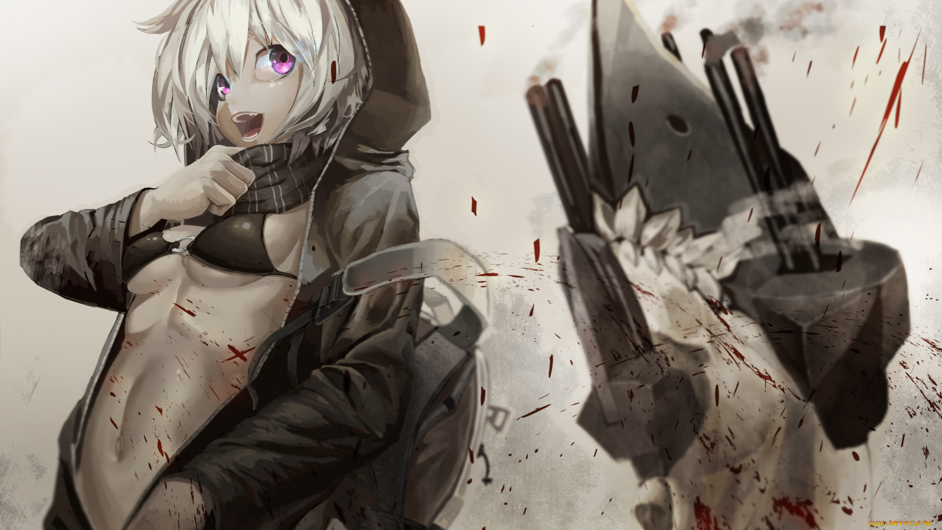 аниме, kantai, collection, re-class, battleship, kirii, девушка, кровь, капюшон, робот, дрон, шарф, оружие, техника