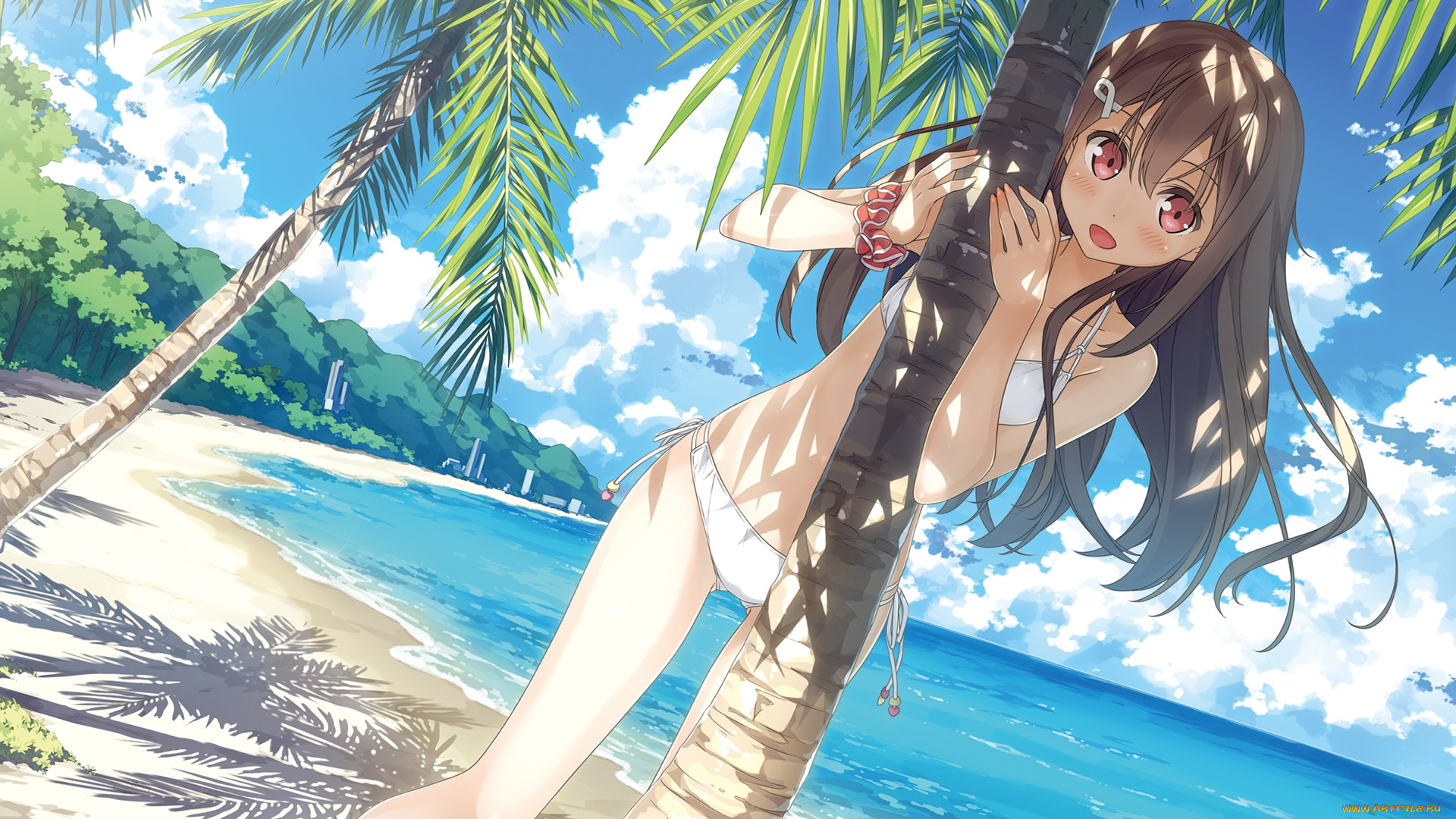 аниме, kantoku, , artbook, пляж, togawa, mayuu, koi, suru, kanojo, no, bukiyou, na, butai, солнце, kantoku, пальмы, девушка