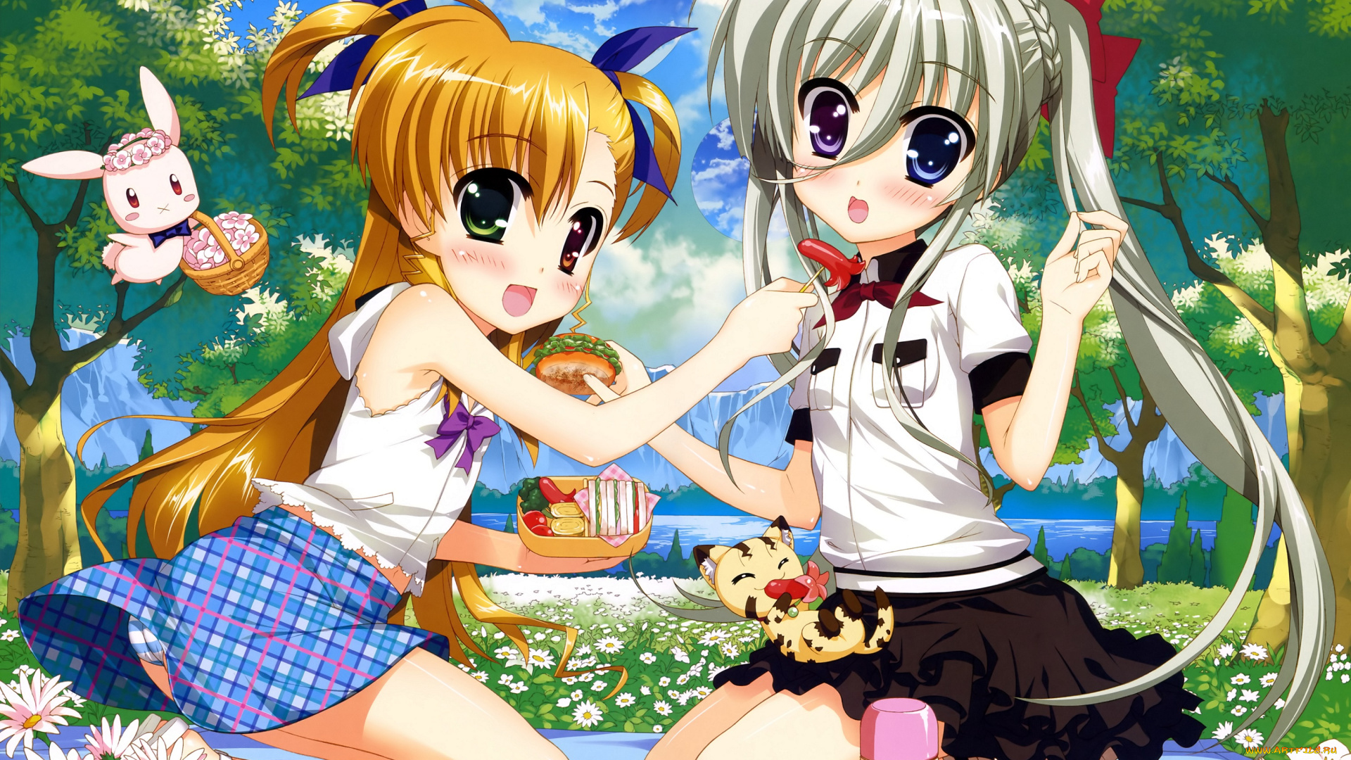 аниме, mahou, shoujo, lyrical, nanoha, mahou, shoujo, lyrical, nanoha, sacred, heart, девушки, fujima, takuya, einhart, stratos, asteion, пикник, животные, еда, vivio