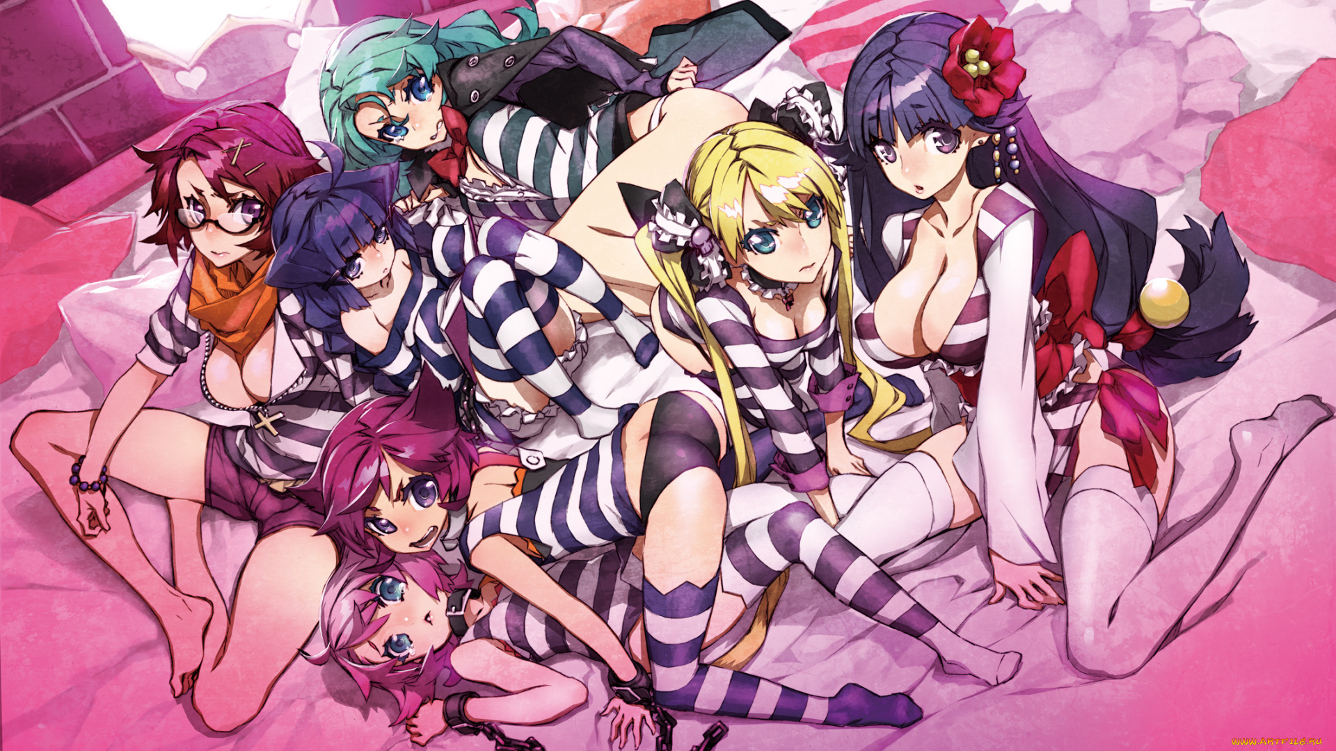 аниме, miwa, shirow, , artbook, miwa, shirow, девушки, комната, кровать, подушки, цепь, заключенные, нижнее, белье, criminal, girls