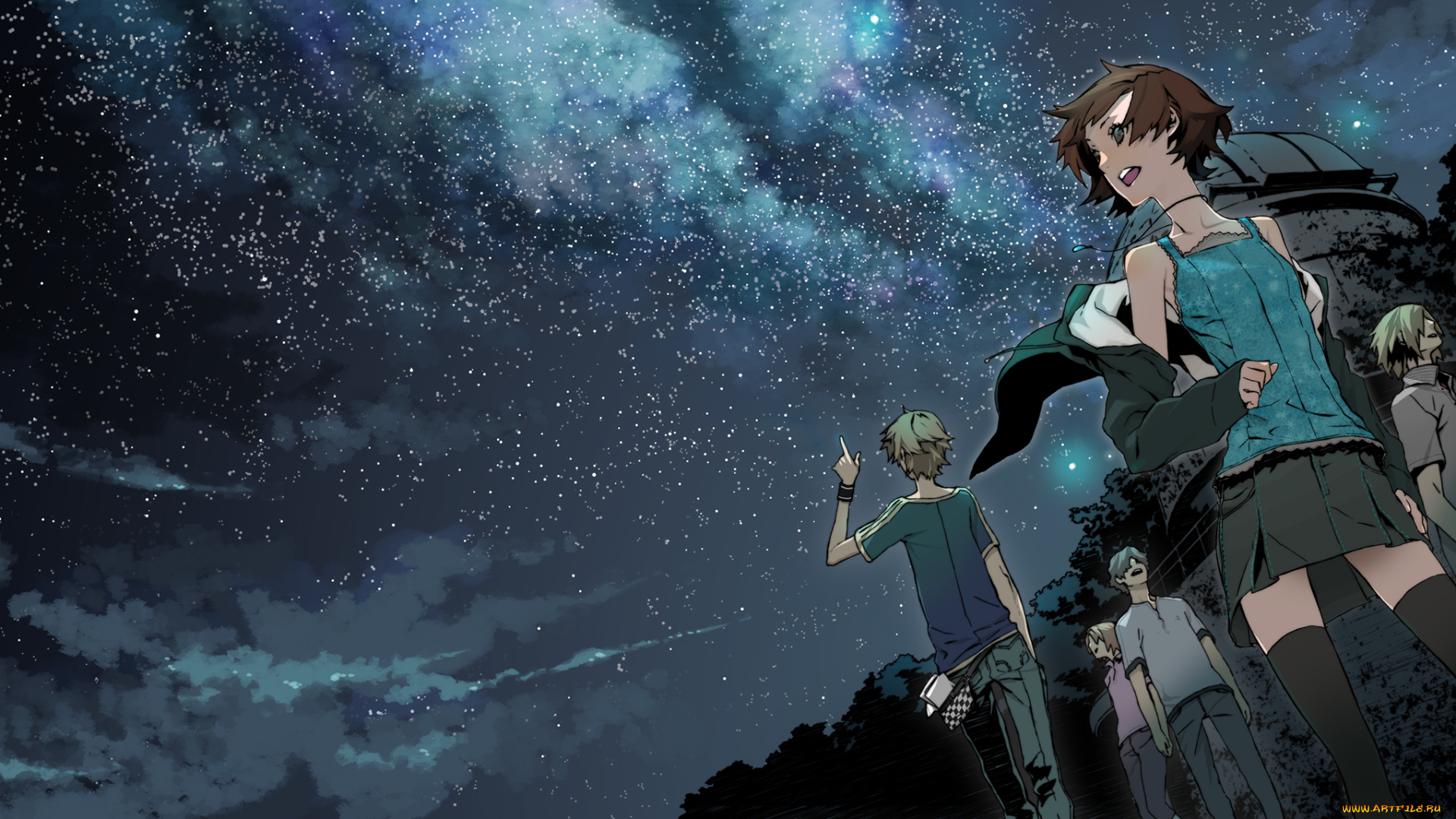 аниме, miwa, shirow, , artbook, miwa, shirow, ночь, небо, космос, звезды, облака, девушка, мужчина, люди, лес, обсерватория