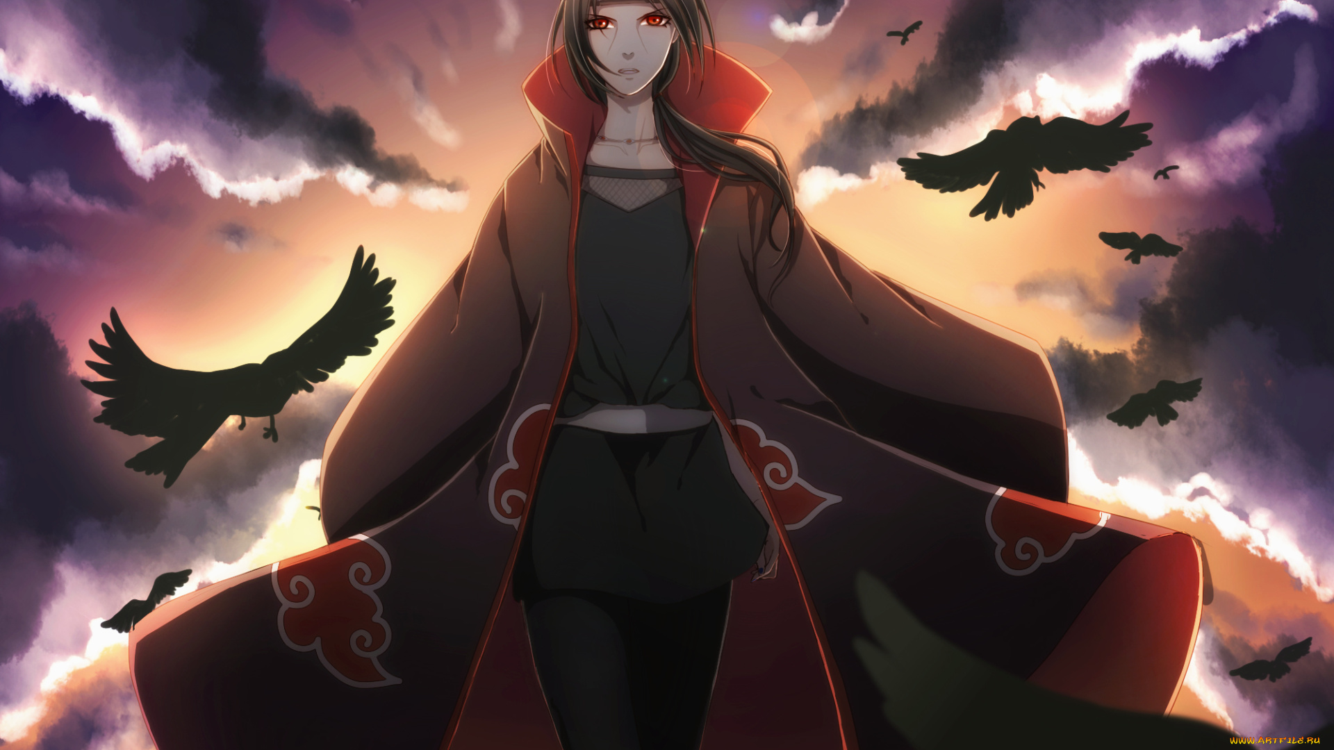 аниме, naruto, облака, вороны, птицы, uchiha, itachi, art