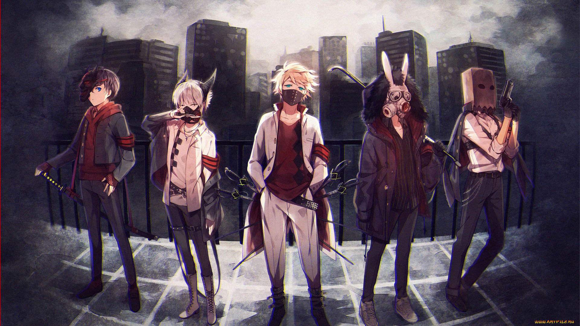 аниме, оружие, , техника, , технологии, hakusai, мужчина, город, перила, противогаз, маска, меч, пистолет, лом, кинжал, шпага, повязка, пальто, пиджак, ушки, кролик, рога, демон, пакет, воин