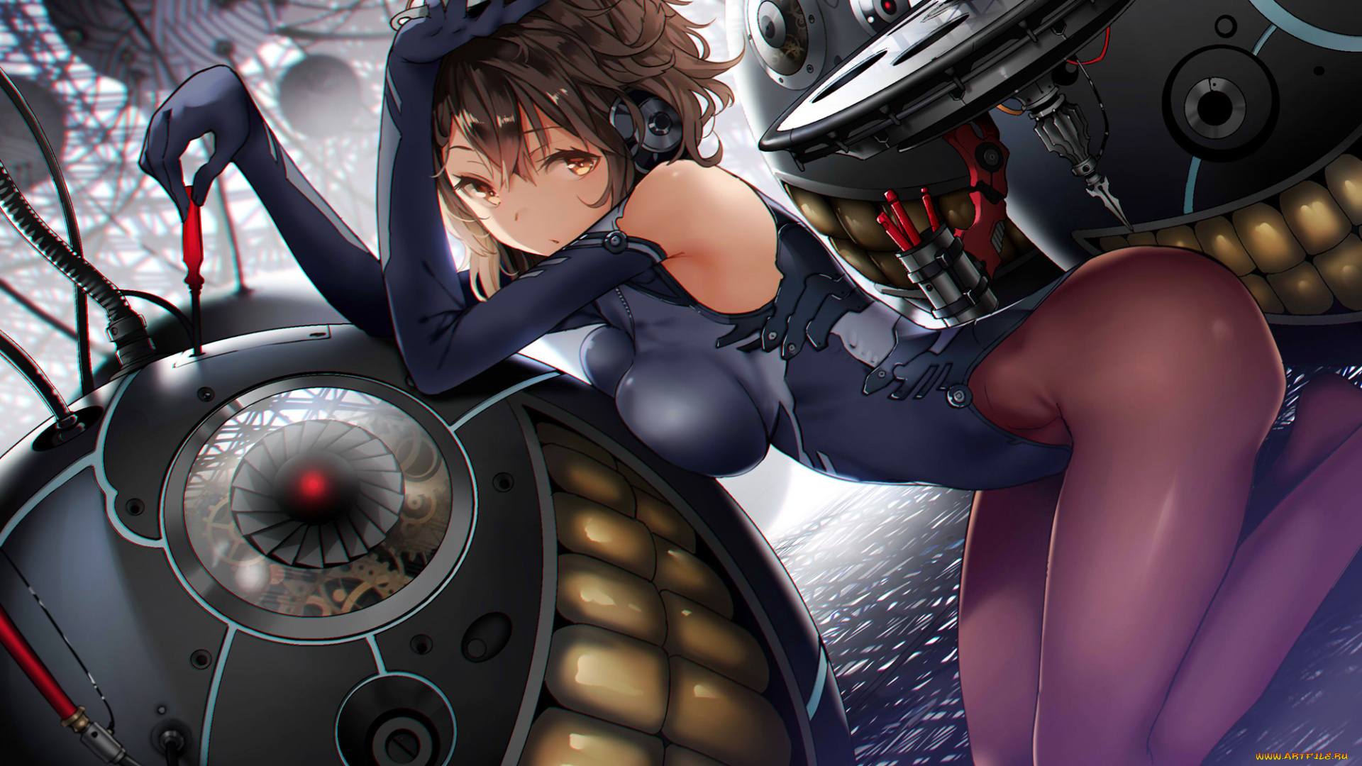 аниме, оружие, , техника, , технологии, ключ, робот, изобретение, провода, девушка, mogumo, наушники, механик, инструменты, отвертка, зубы, улыбка, дрон