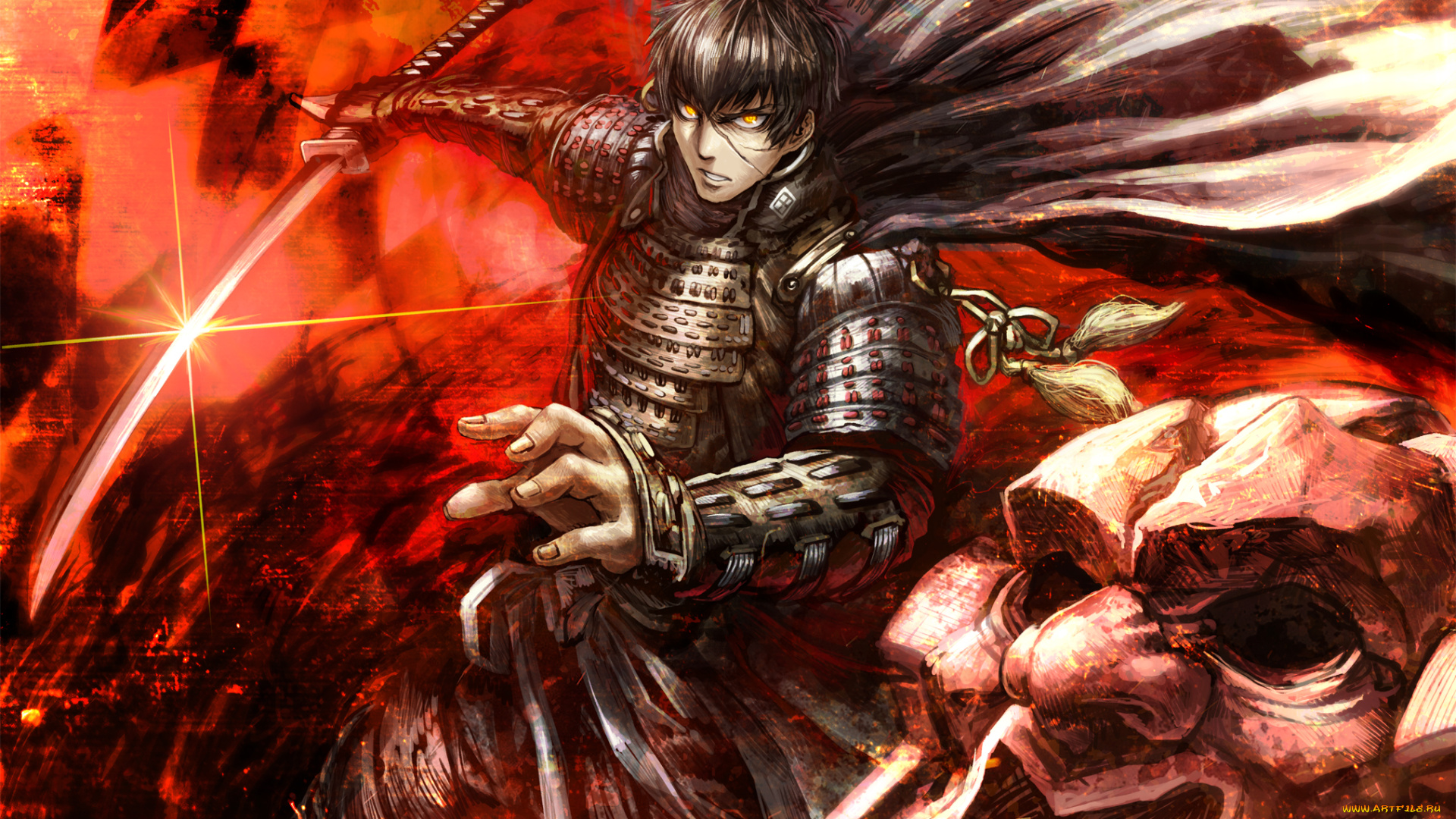 аниме, оружие, , техника, , технологии, парень, меч, арт, злость, взгляд, gibagiba, touken, ranbu, шрам