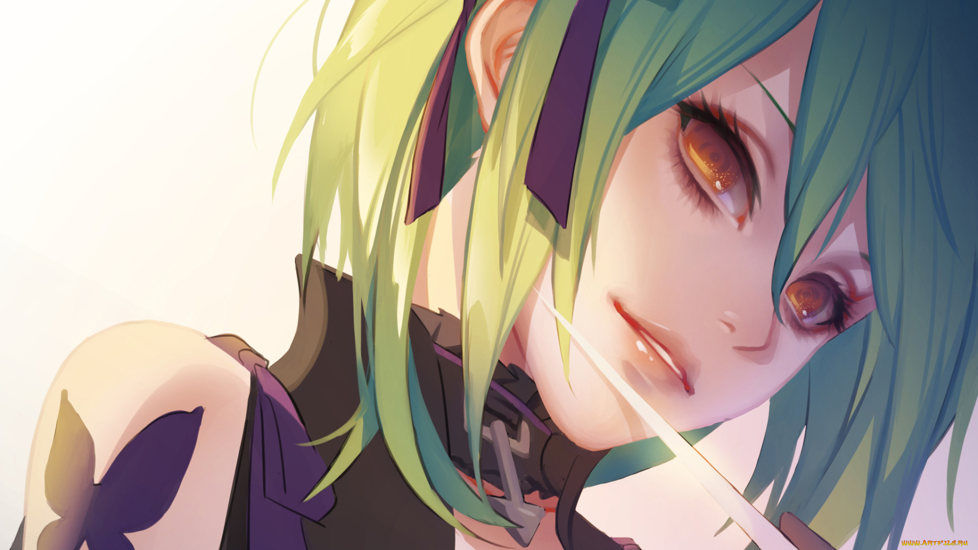 аниме, оружие, , техника, , технологии, зеленые, волосы, бабочка, взгляд, девушка, лезвие