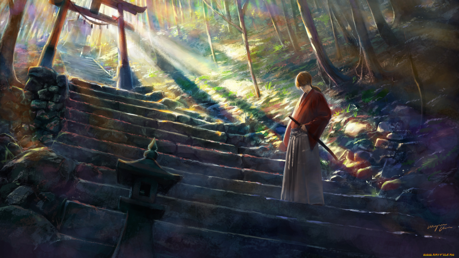 аниме, rurouni, kenshin, лучи, himura, kenshin, лес, rurouni, лестница, меч, ступени, парень, арт, shitub52