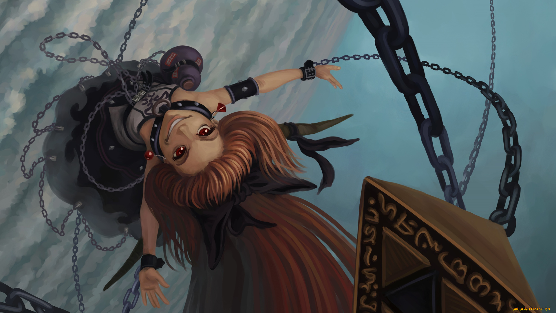 аниме, touhou, цепи, взгляд, девушка, оружие, пирамида, облака, небо